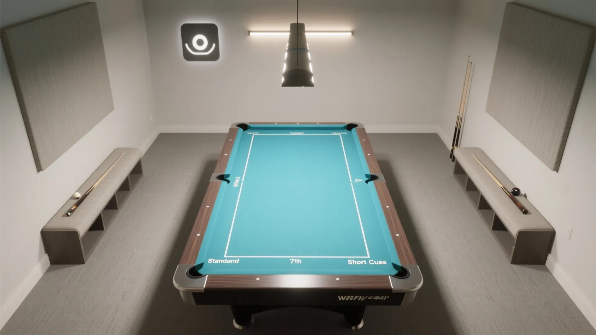 Top-down cheat sheet view with clearance bands around a 7‑foot table, a linear LED above, and minimal storage cues.