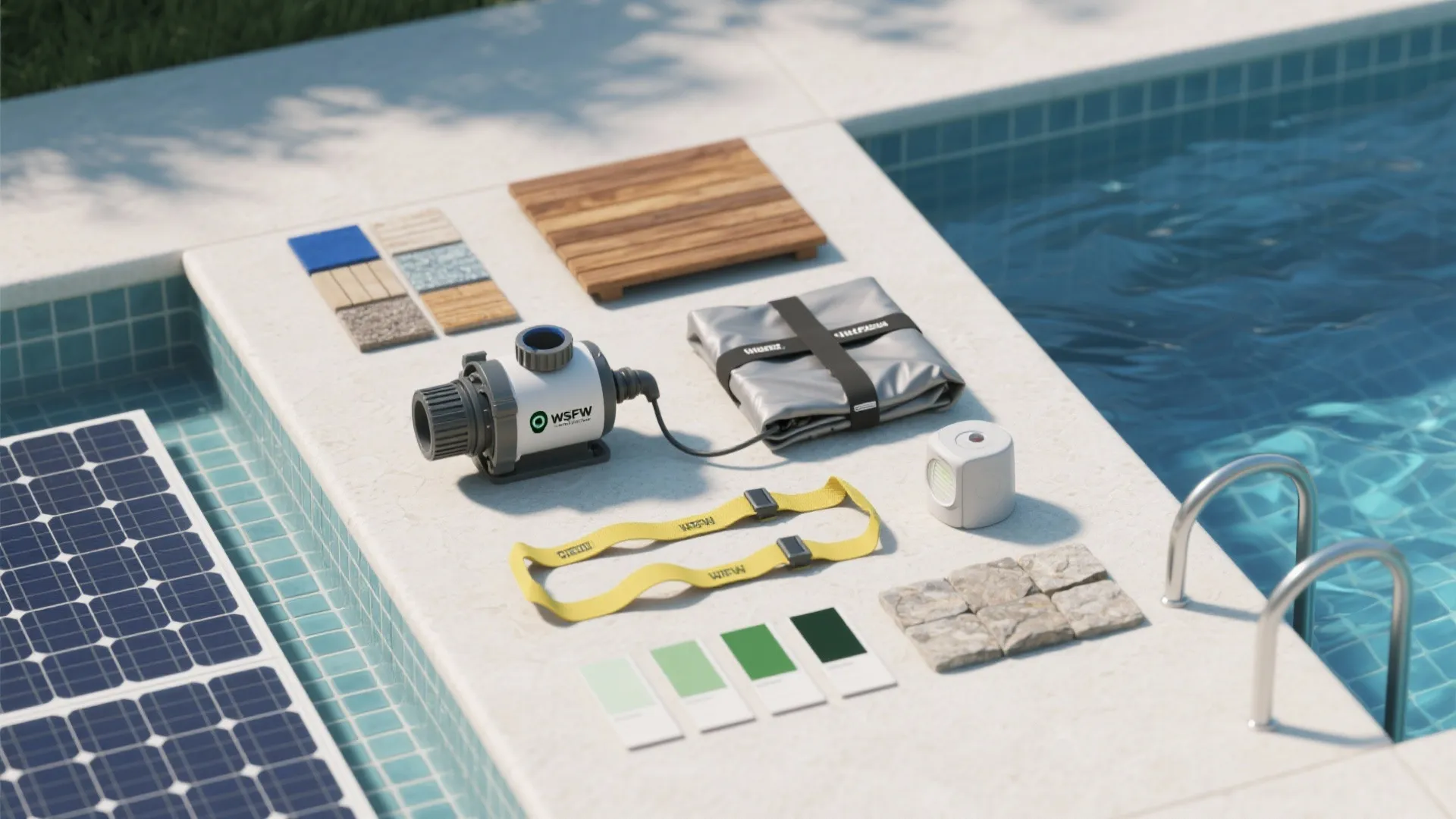 Selection of swimming pool equipment and material samples including solar panels and pool pump on stone