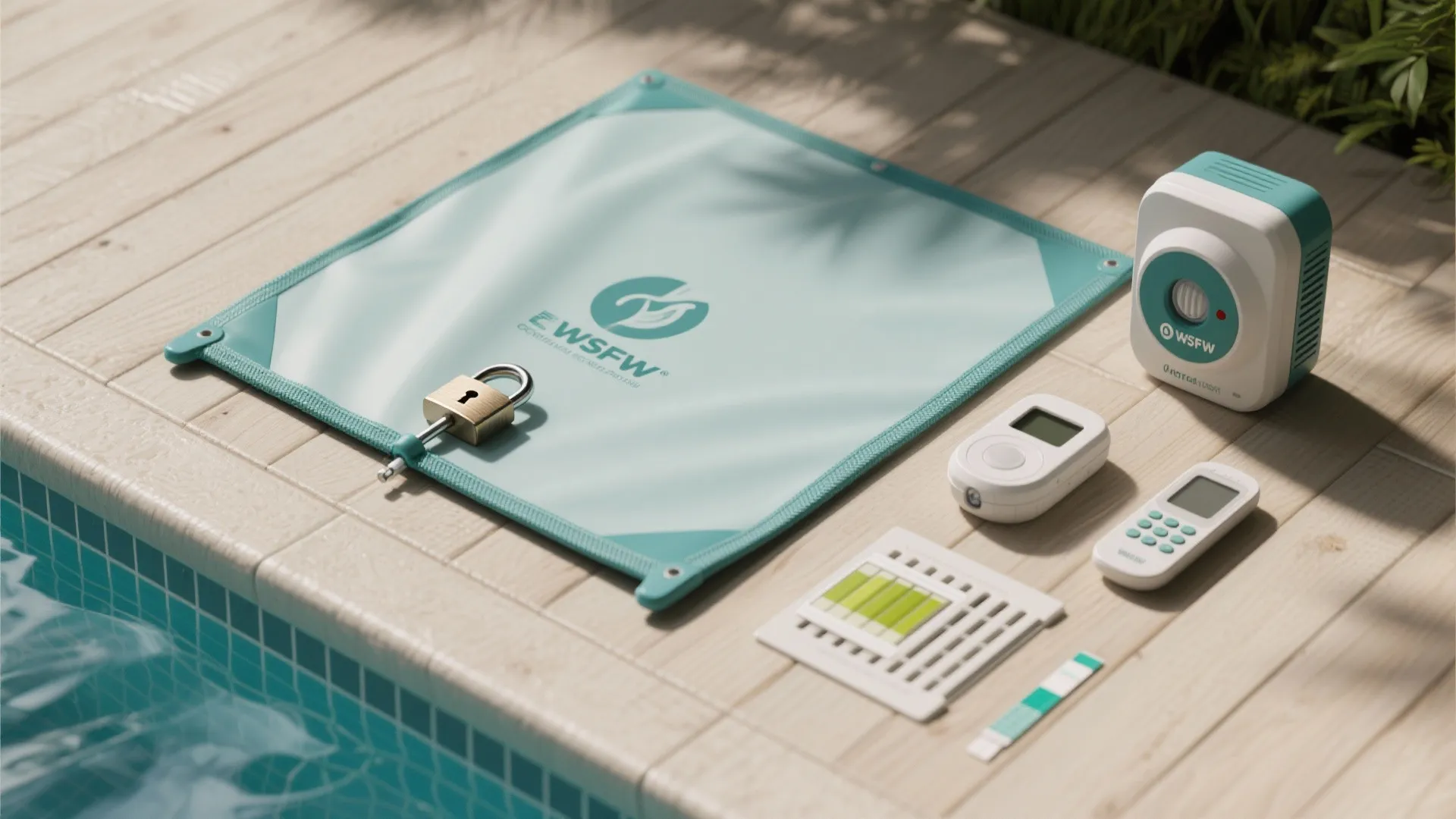 Pool safety equipment including blue cover lock water testing kit and remote control on wooden floor