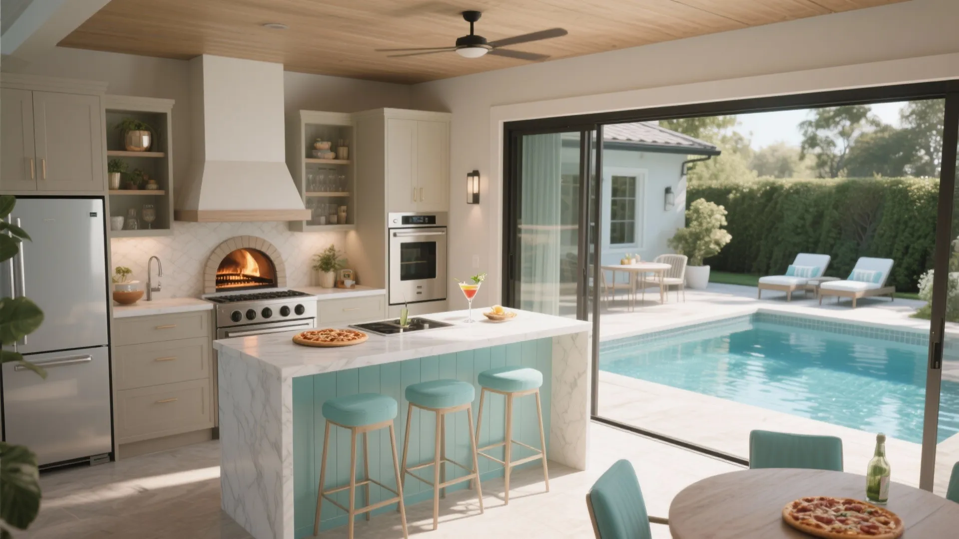 Modern kitchen with white island turquoise bar stools pizza oven and view of outdoor swimming pool