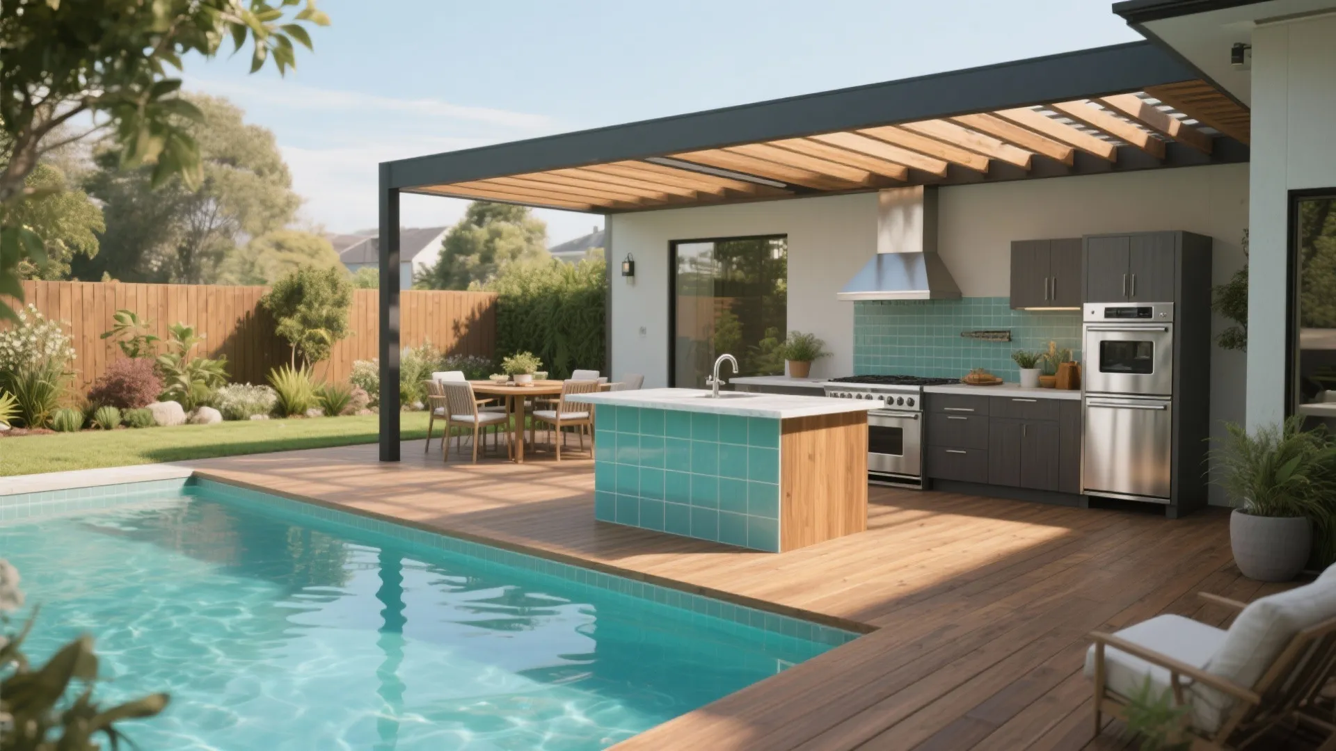 Outdoor Pool and Kitchen Ideas: 5 Inspiring Designs: Practical, stylish ways I’ve used to combine pools and outdoor kitchens in small and large yards