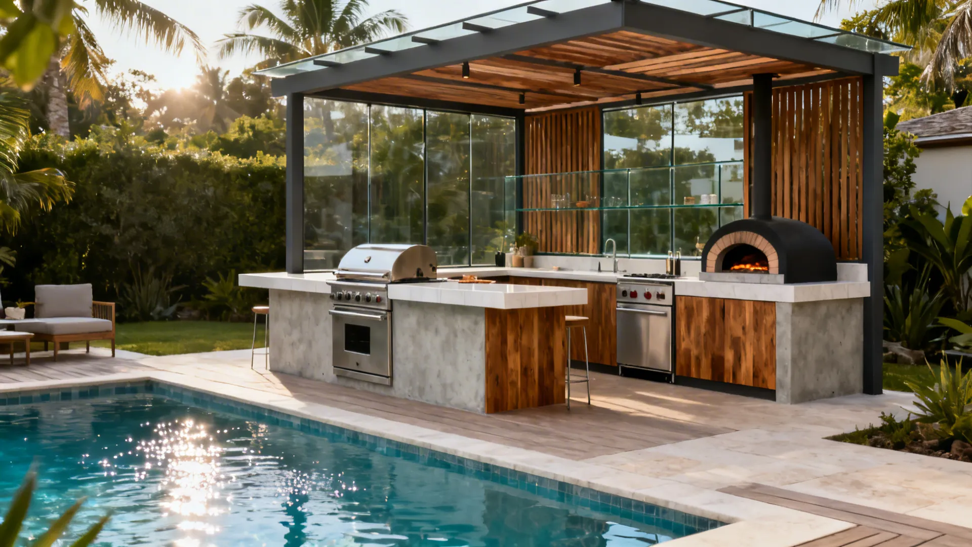 Luxury outdoor kitchen with pizza oven and wood cabinets under a roof near a pool