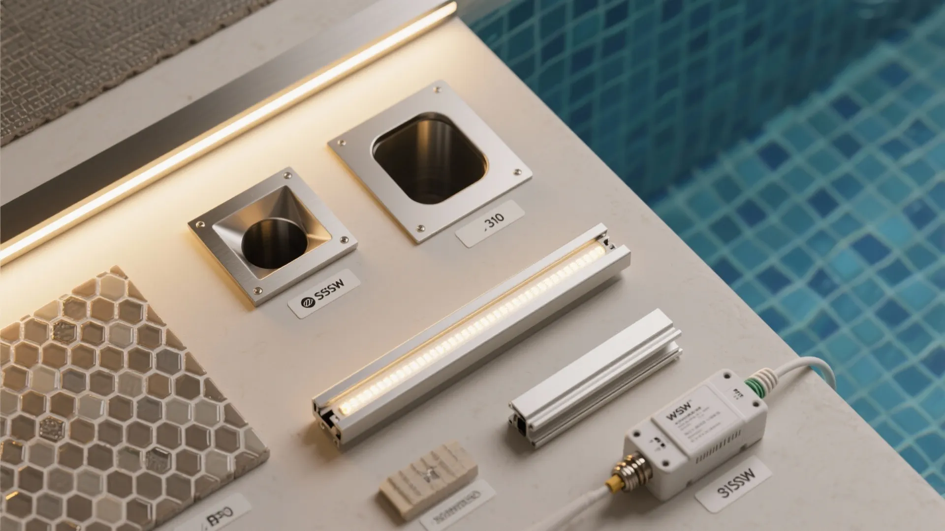 Flatlay of pool lighting components including stainless niche trim, strip light, louver, matte tile, and connectors.
