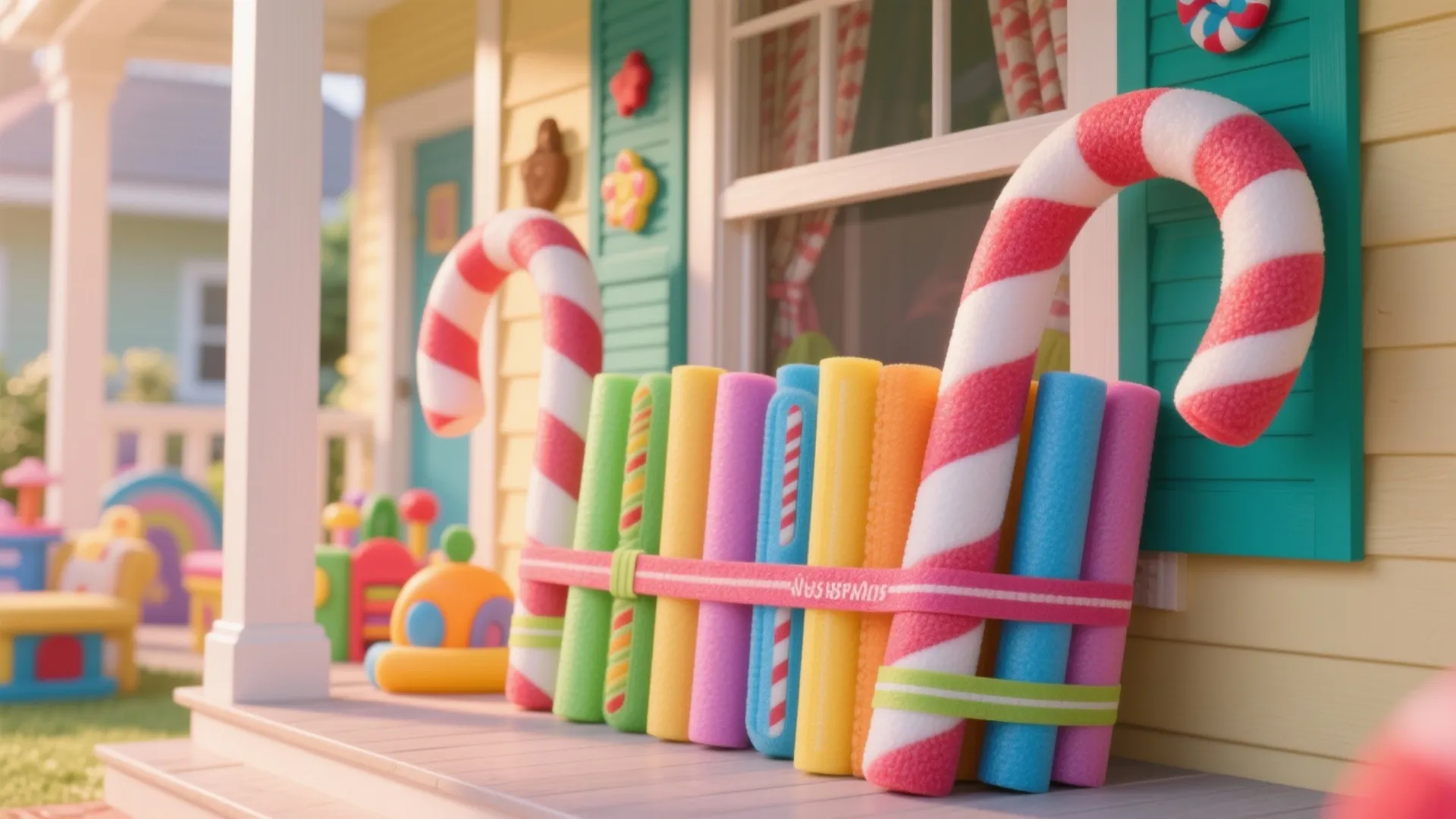 Colorful pool noodles and large candy cane decorations tied together on a sunny house porch