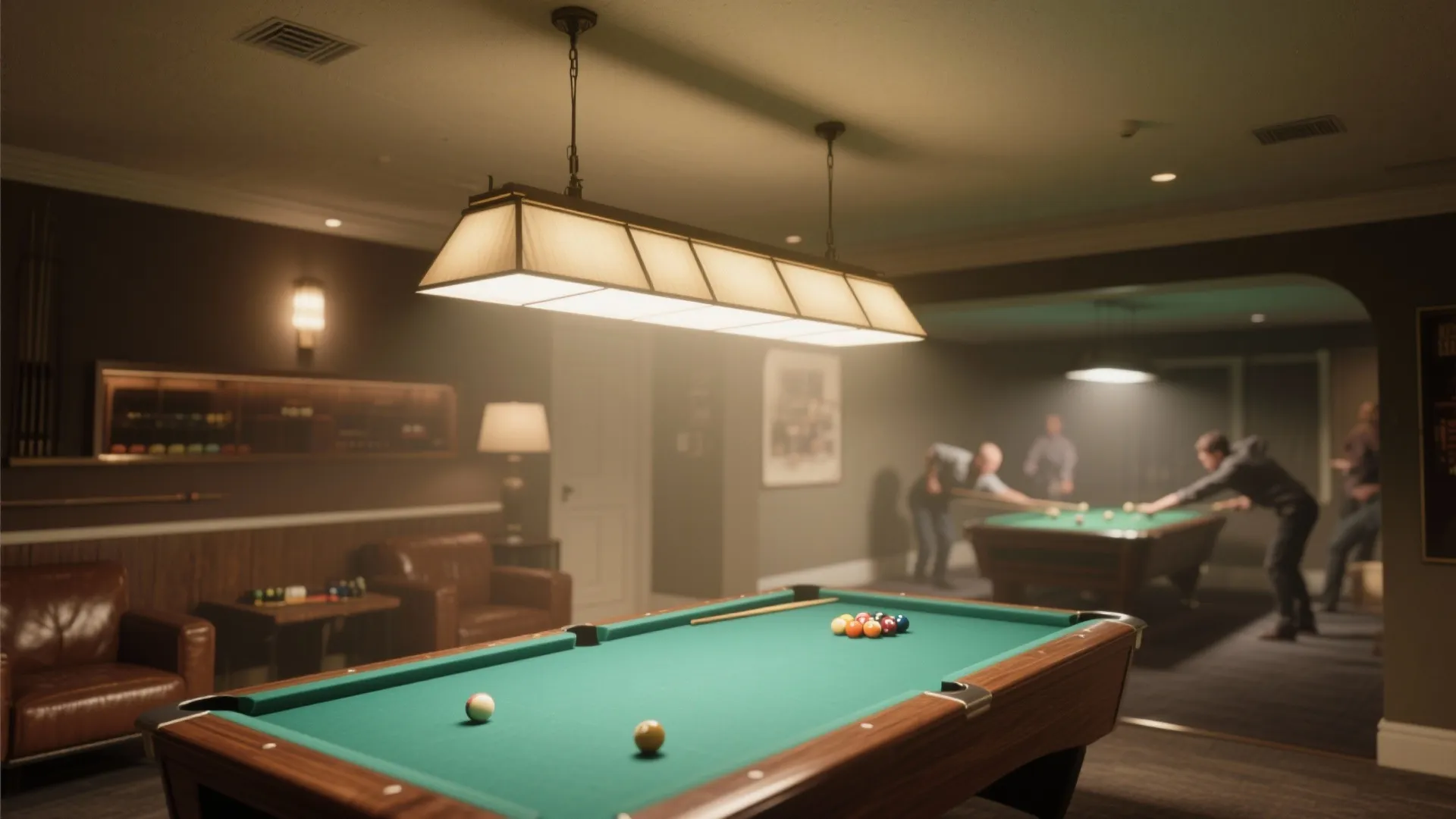 Indoor pool room featuring green table with balls and large hanging ceiling light above it