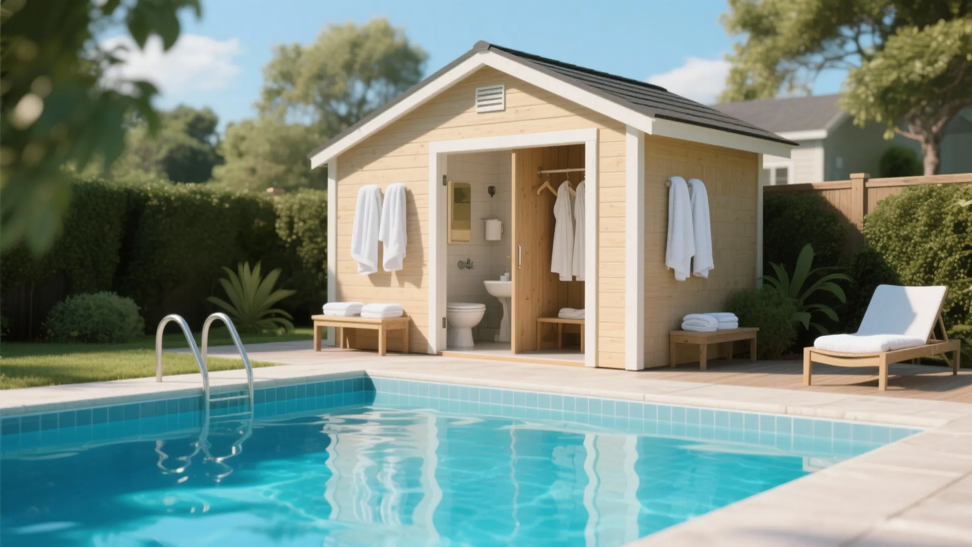 Wooden poolside changing room with towels benches outdoor swimming pool and garden in natural light