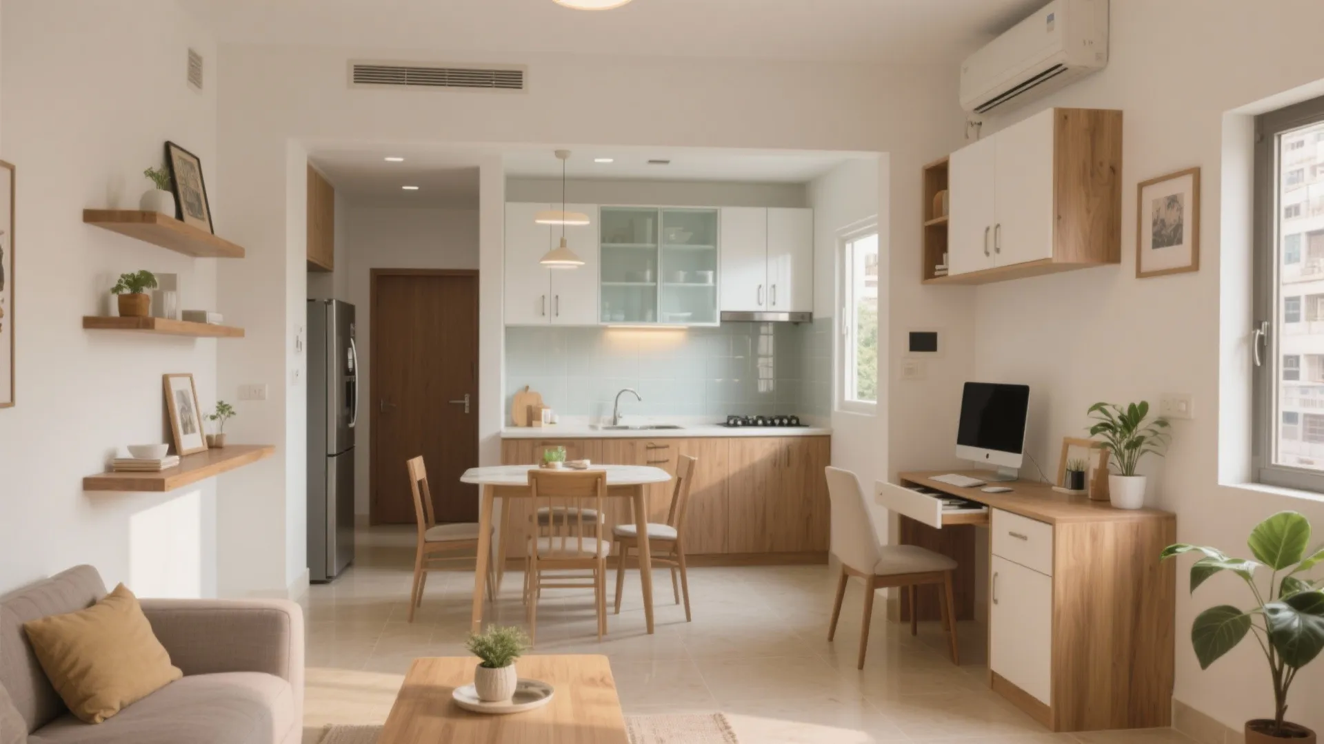 Open plan apartment interior with living area dining table small kitchen and wood office desk