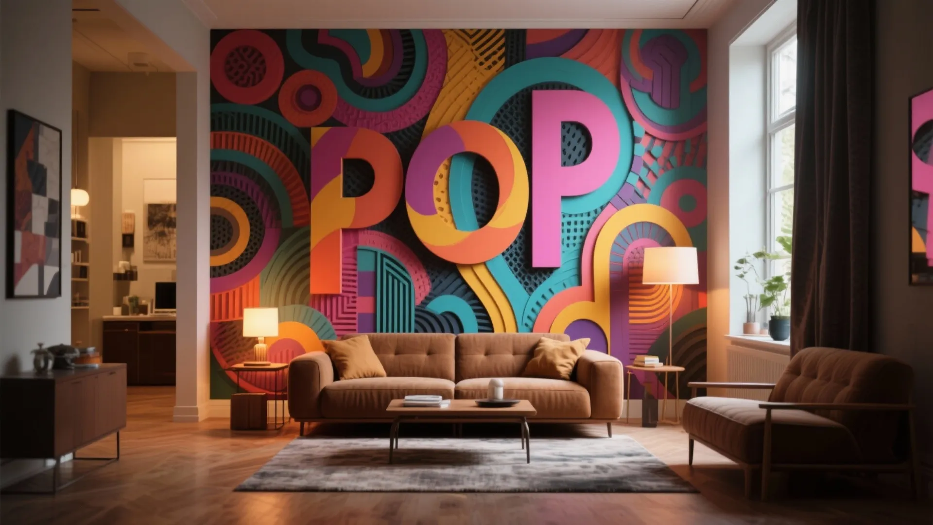 Colorful living room with a large pop art wall design behind a brown fabric sofa