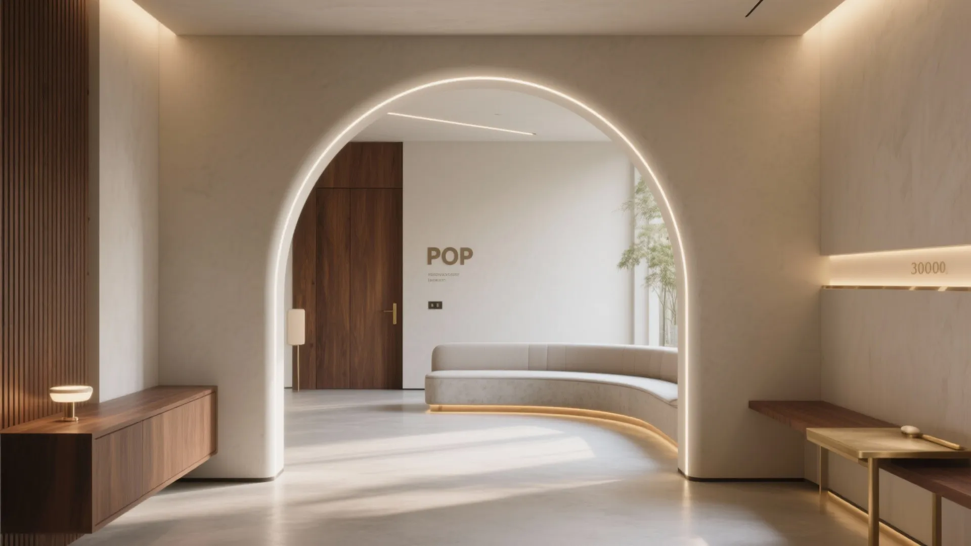 Modern hallway featuring a large lighted arch leading to a curved sofa and wooden door