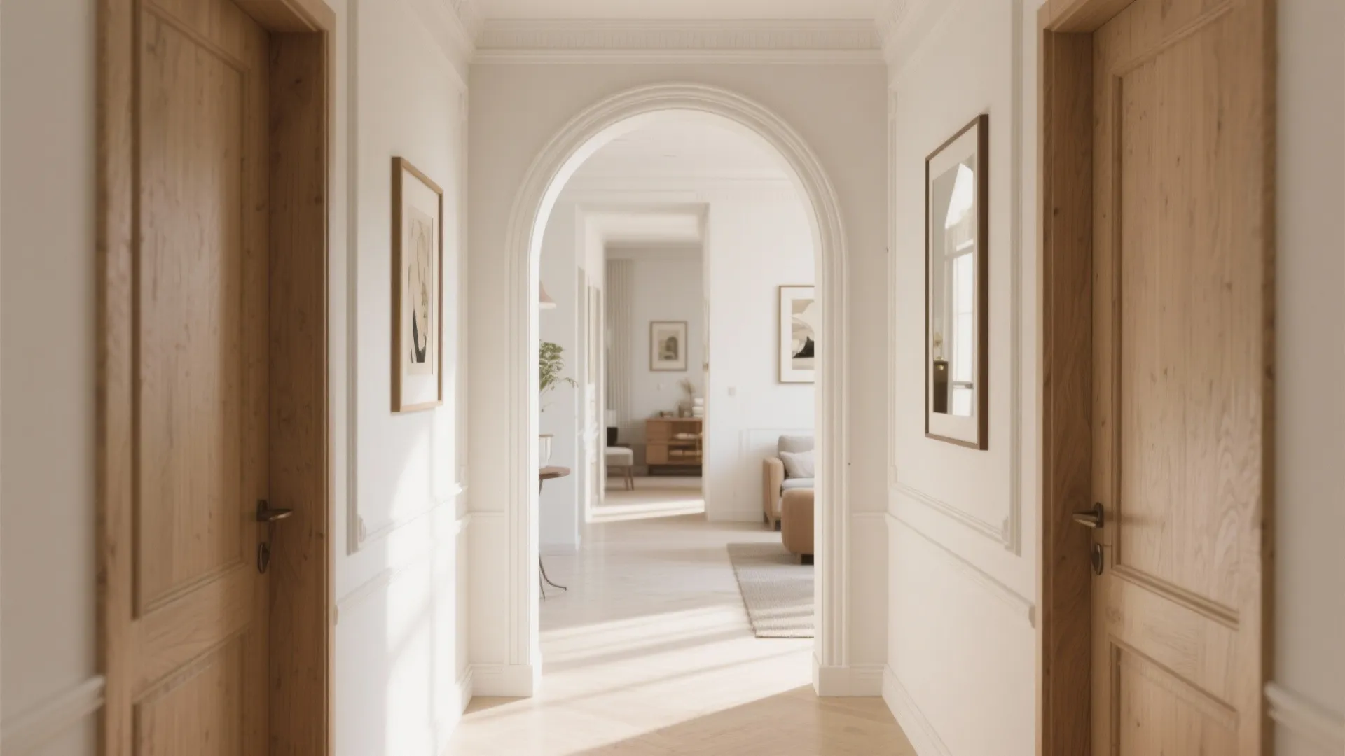 Bright hallway with arched doorway white wall panel light wooden doors and minimal wall art