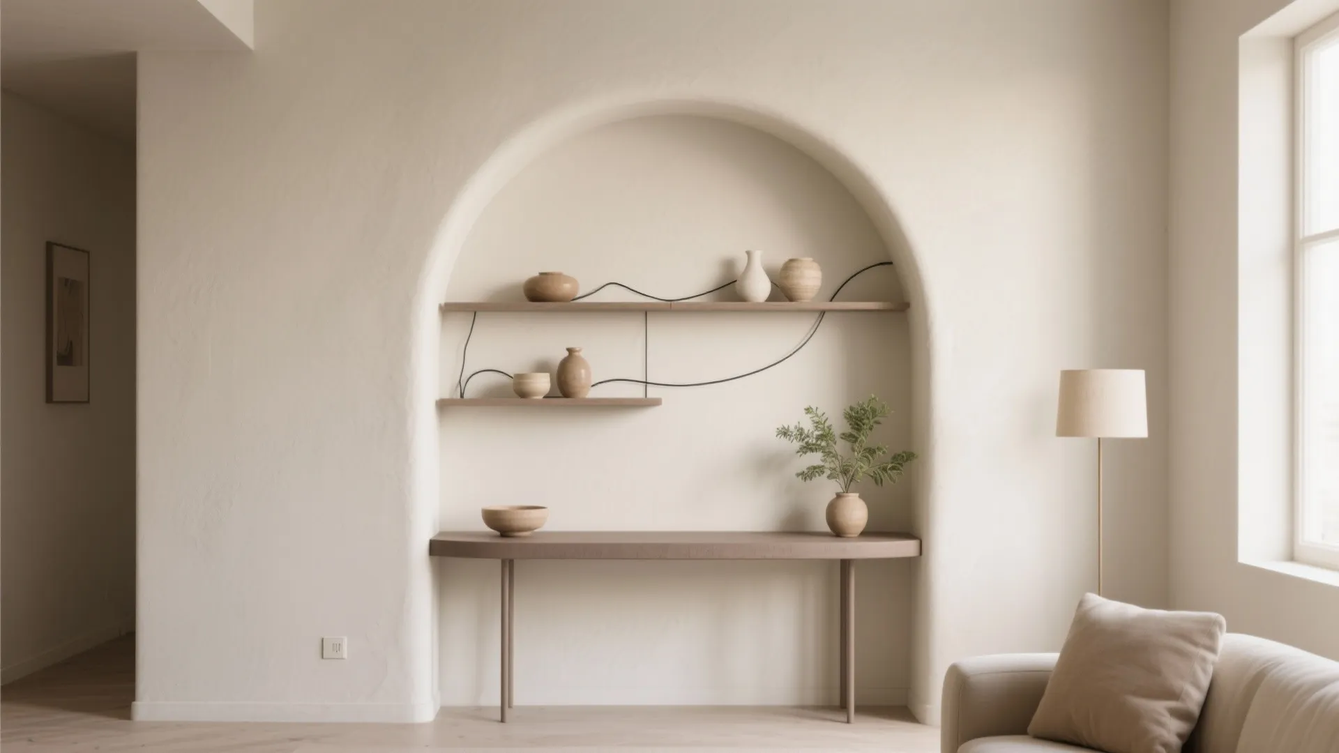 Cream colored living room with an arched wall niche including wooden shelves and decorative vases