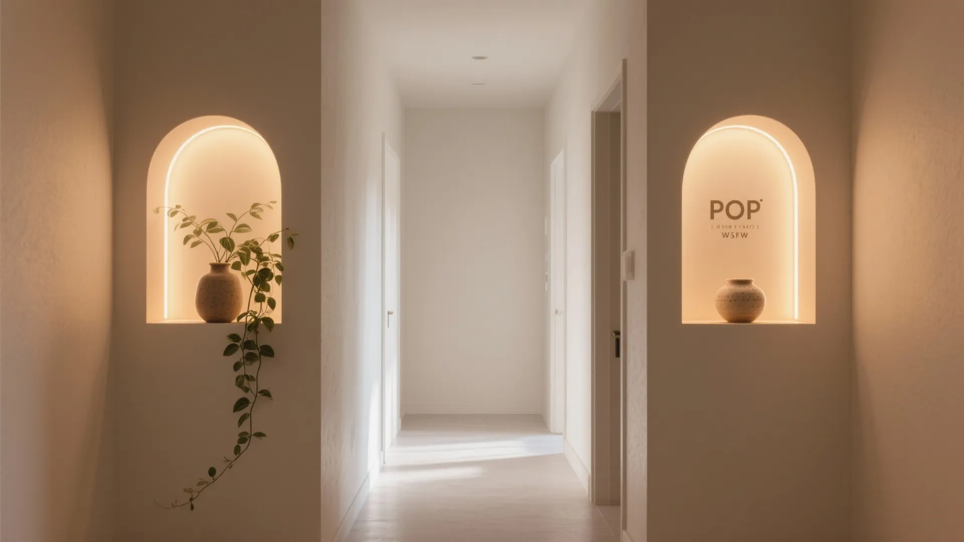White hallway with two lit arched wall openings containing small pots and a green plant