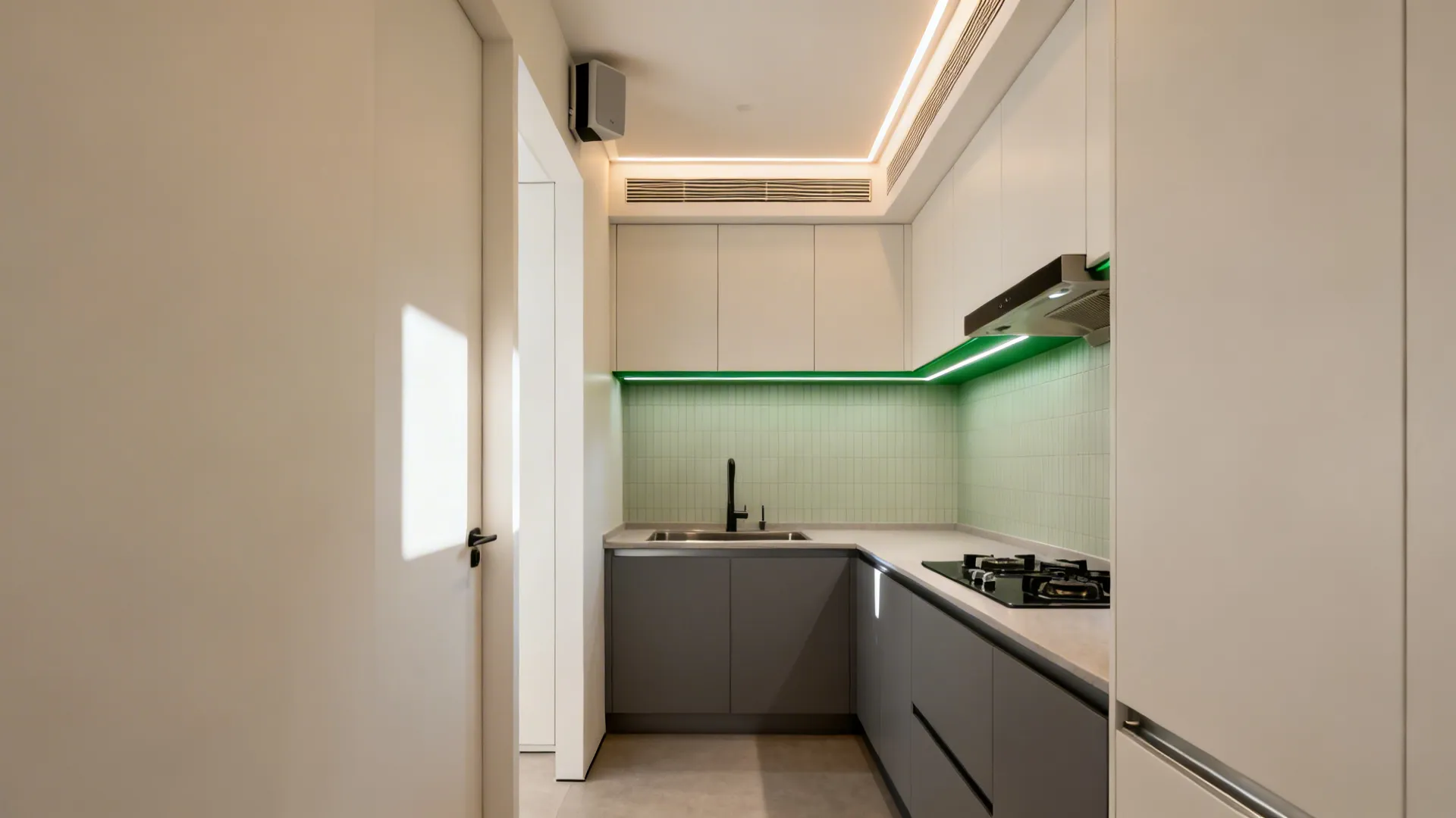 Small kitchen with two POP bands defining prep and cooking zones, aligned with cabinet tops and integrated lighting.
