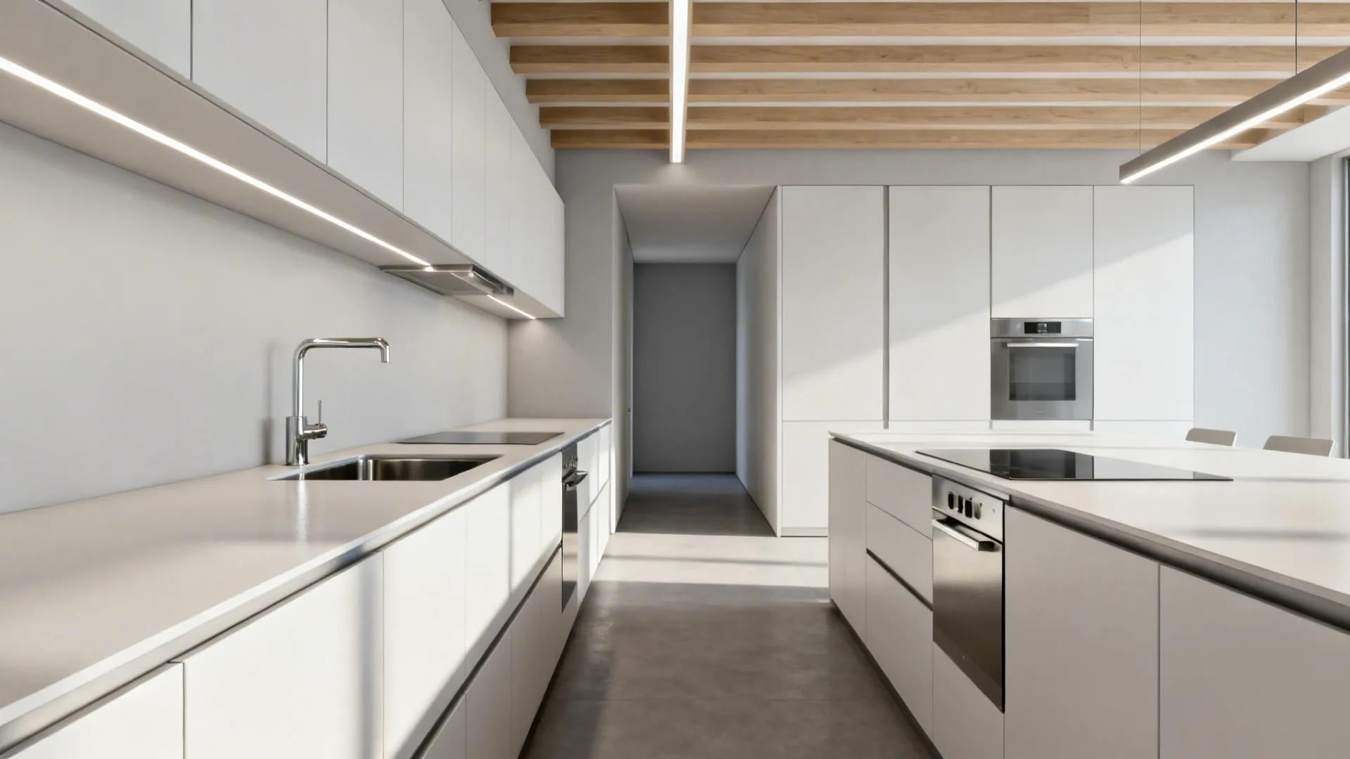 Long galley kitchen with slim POP beam bands aligning with cabinets and task lights.