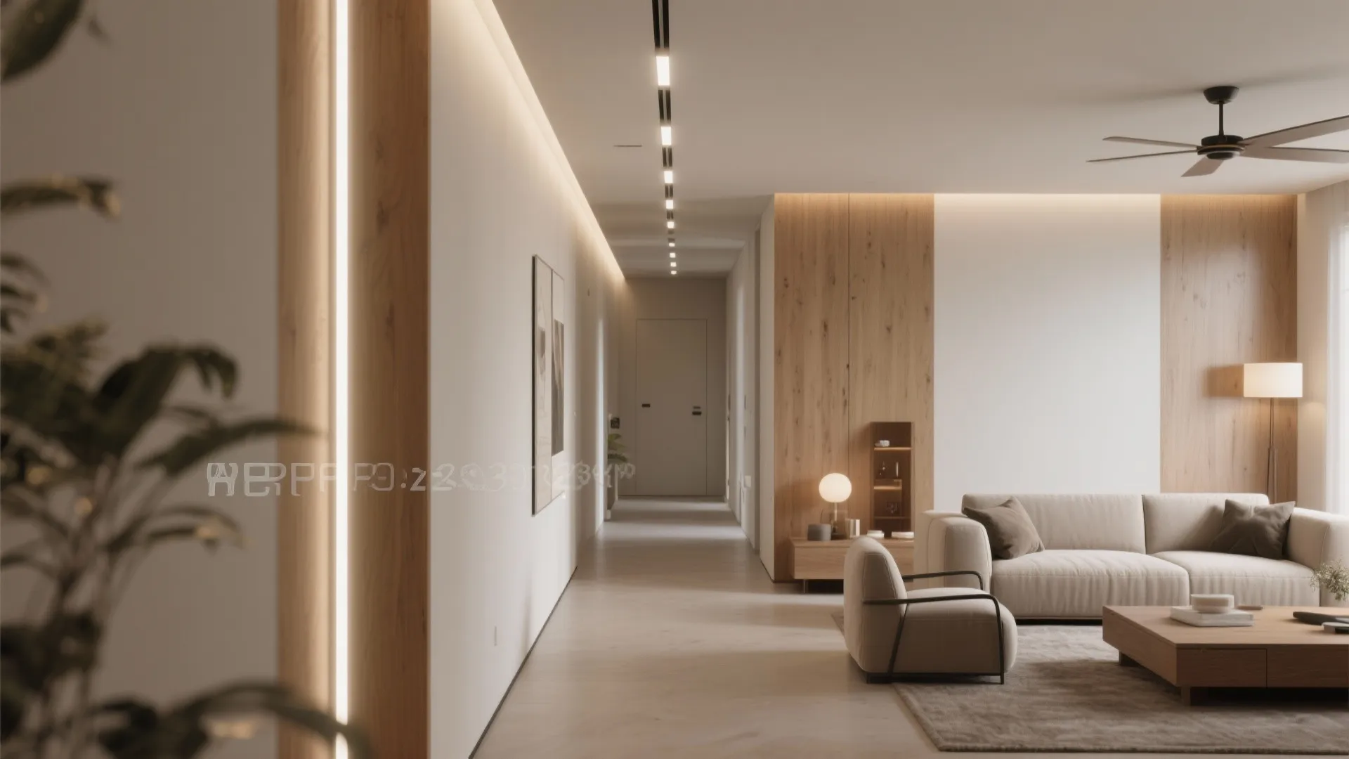 Modern hallway interior with linear ceiling lights wood wall paneling beige sofa and coffee table