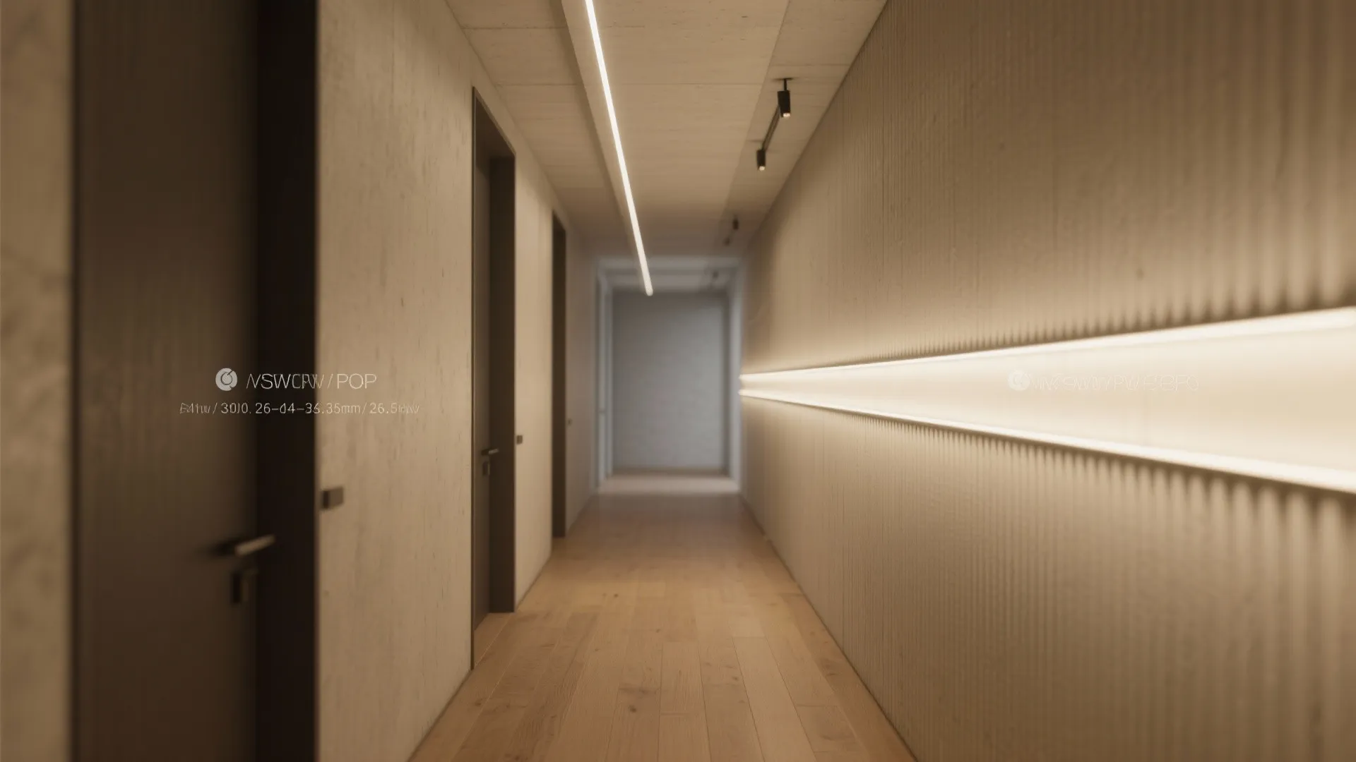 Long narrow hallway with warm wall light strip wooden floor and simple dark wood doors