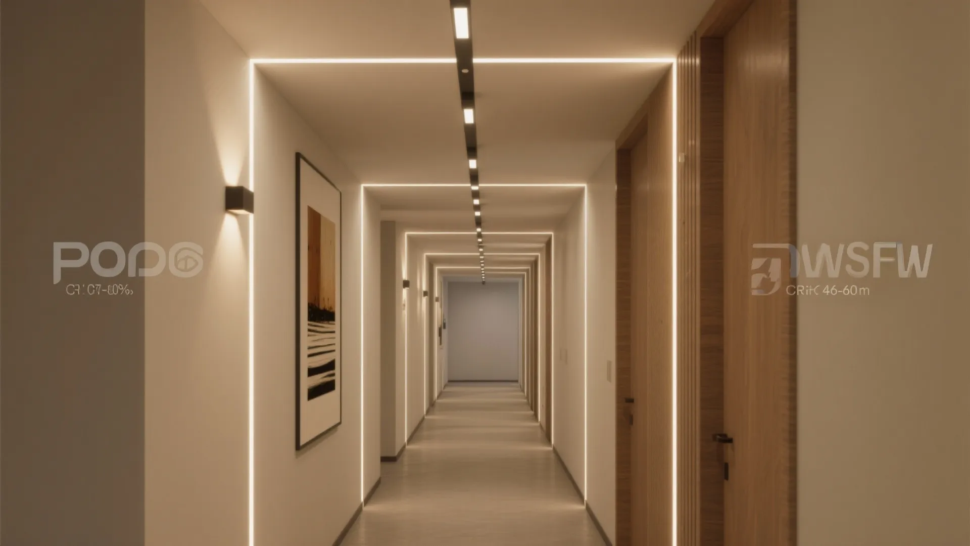Modern long hallway featuring linear led light strips on walls and ceiling with wooden door panels