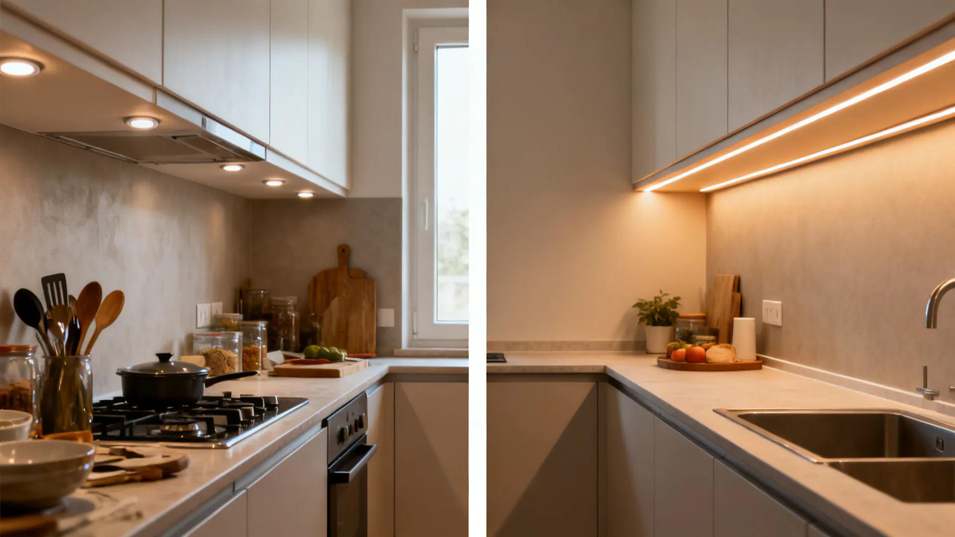 Before-and-after of a small kitchen showing transformation from bulky glossy lighting to slim POP perimeters and matte finishes.