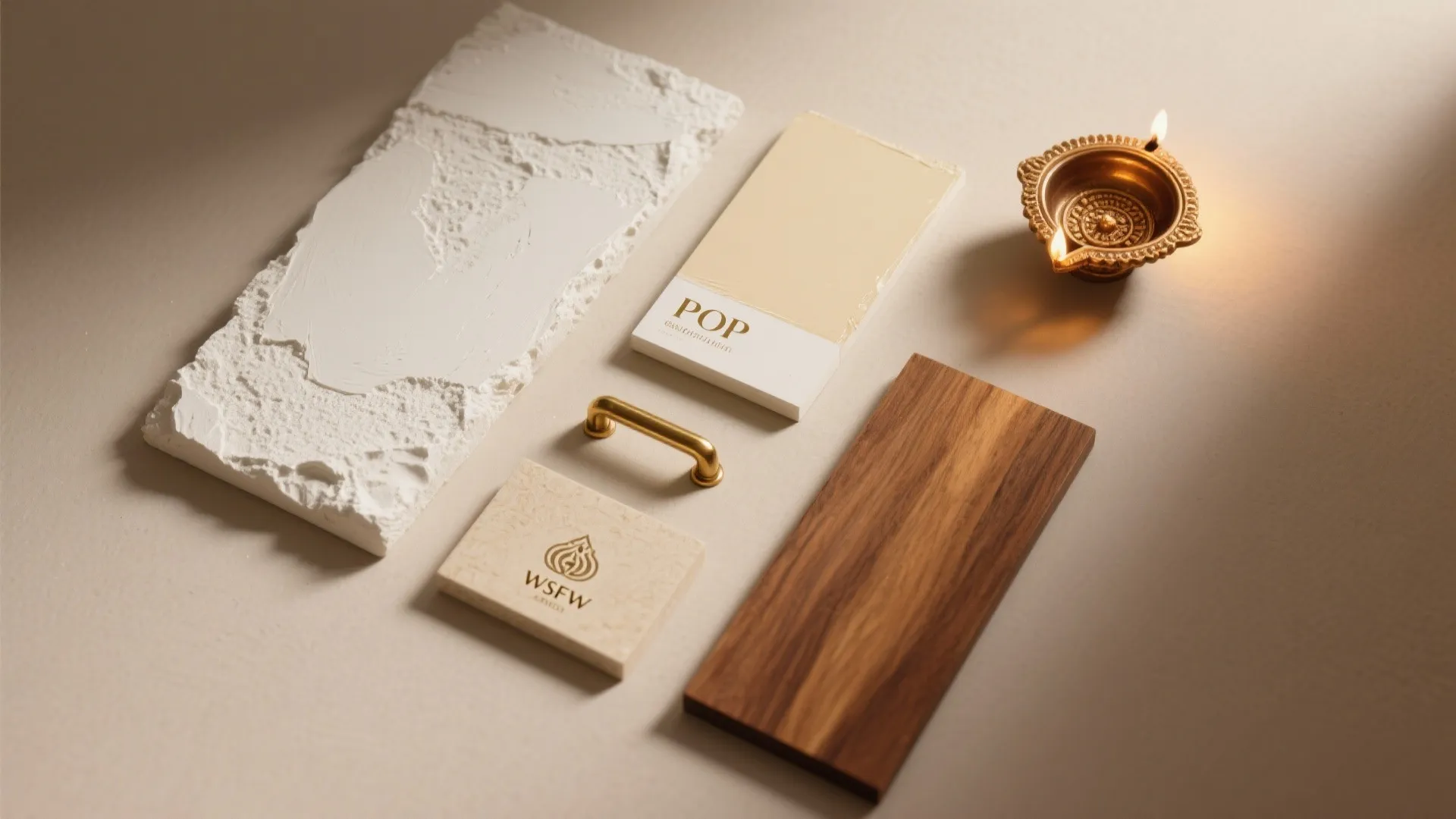 Interior design materials including white plaster, wood plank, gold handle, color swatch, and small candle