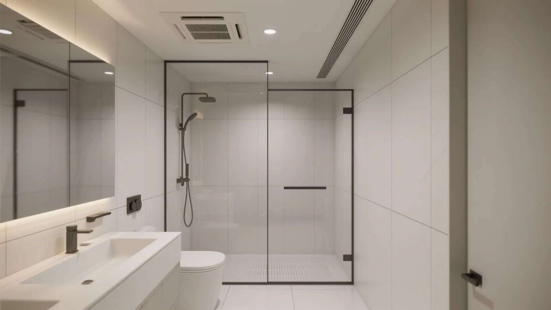 Modern bathroom with glass shower, white sink, black faucet, large mirror, and clean white tiles