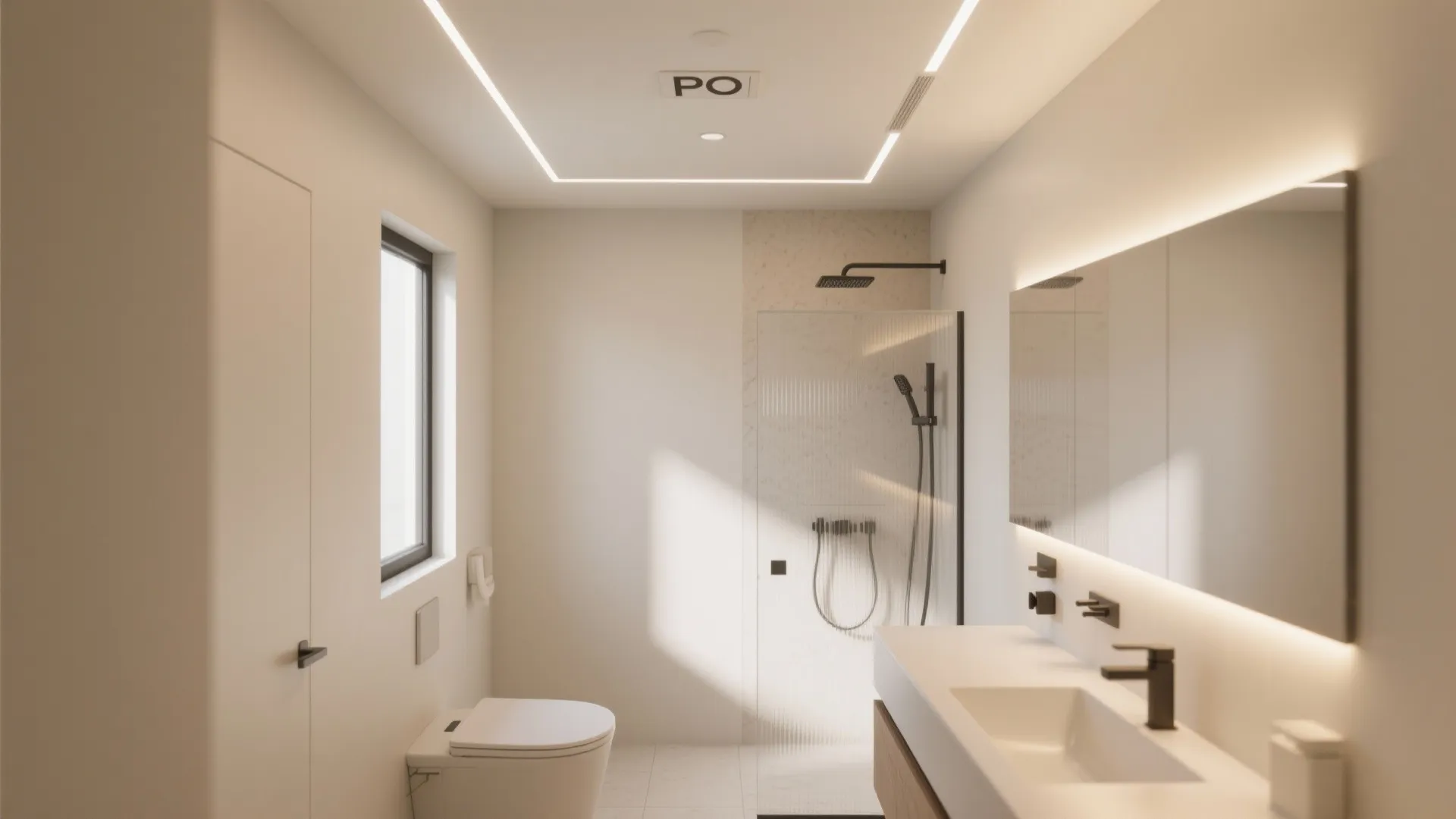 Modern bathroom with white toilet and sink plus a glass shower with black wall light