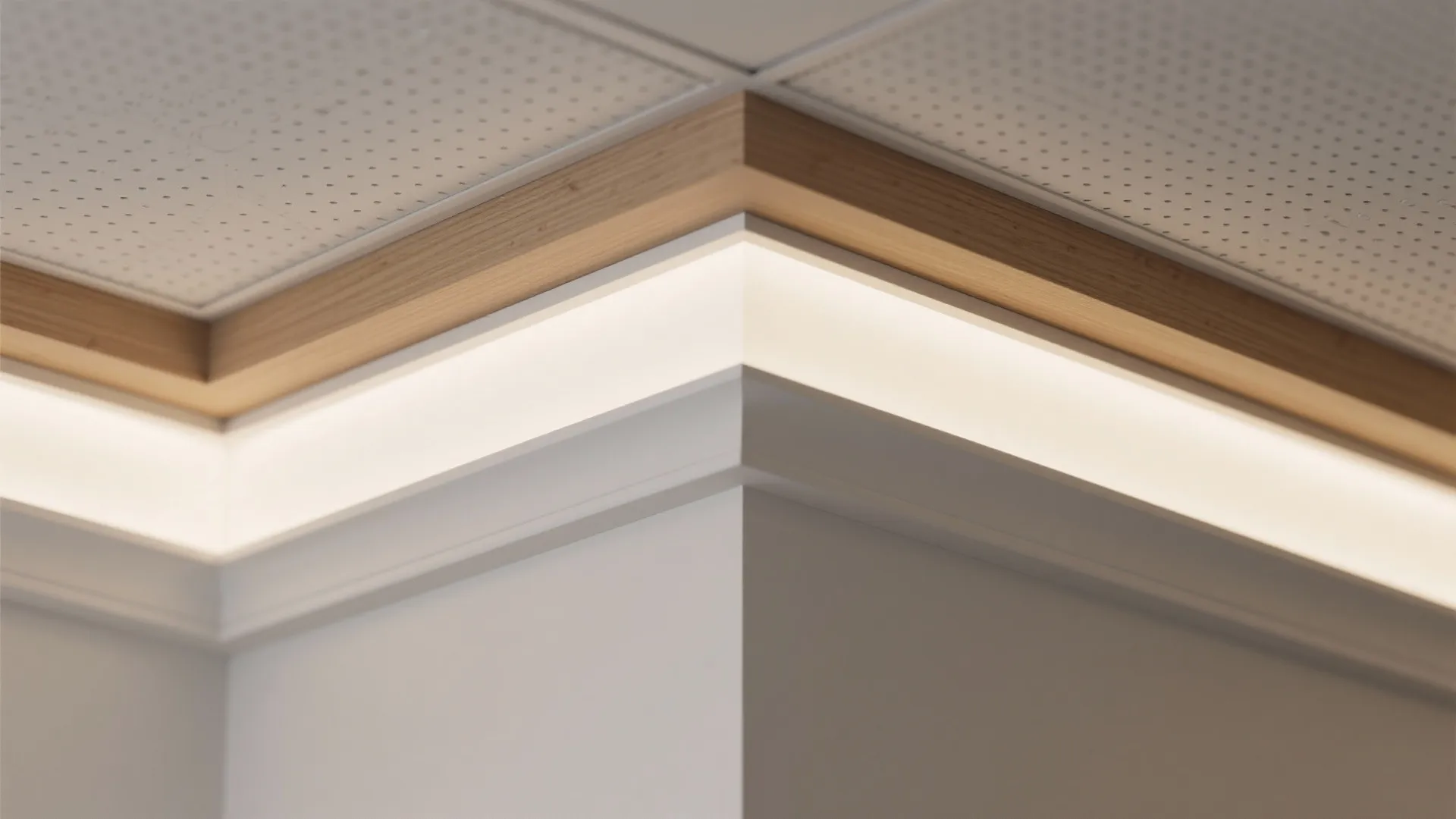 Macro details of POP ceiling elements including cove profile, coffer edge, two-tone tray, and acoustic texture.