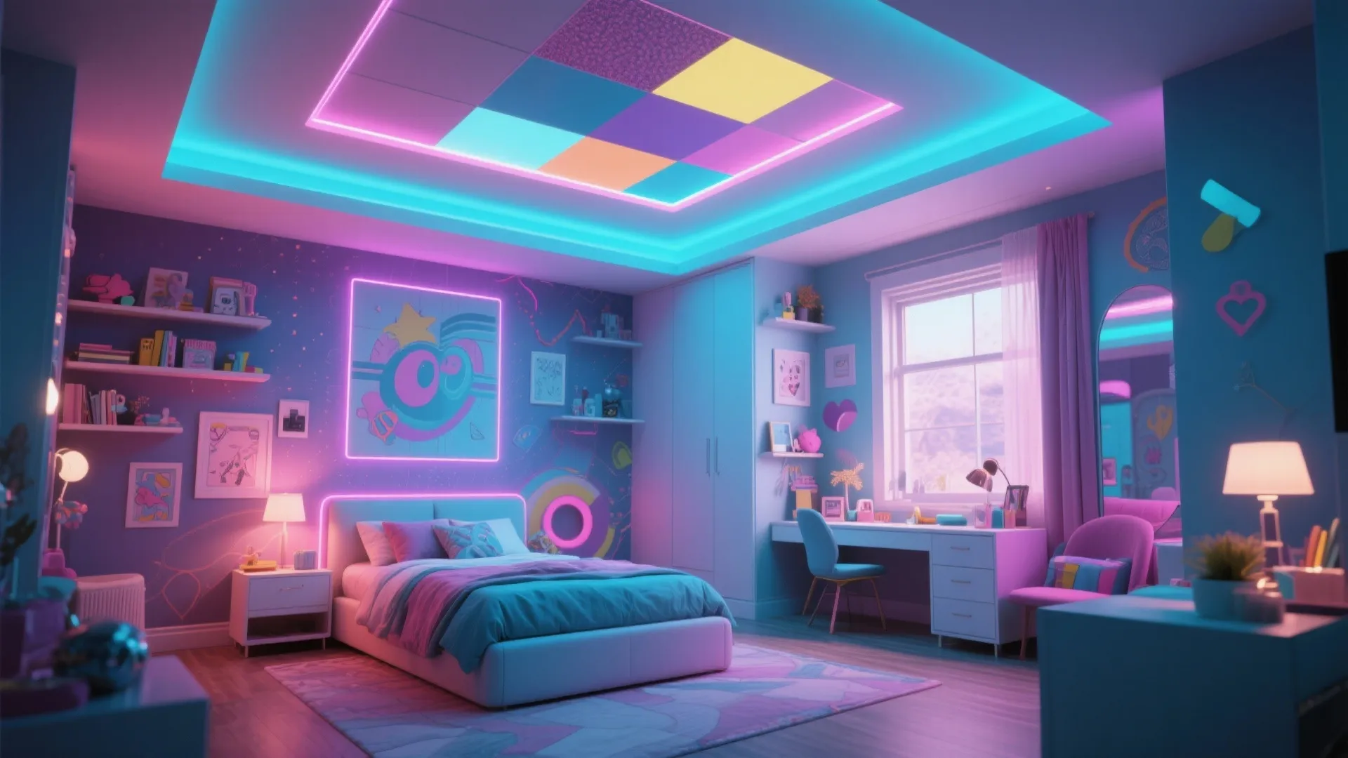 Colorful bedroom with neon lights, square ceiling panels, blue bed, desk, chair, and artistic wall