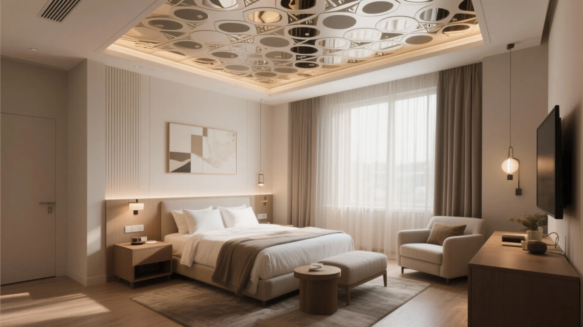 Modern guest bedroom with a unique mirror ceiling pattern wood furniture and large bright window