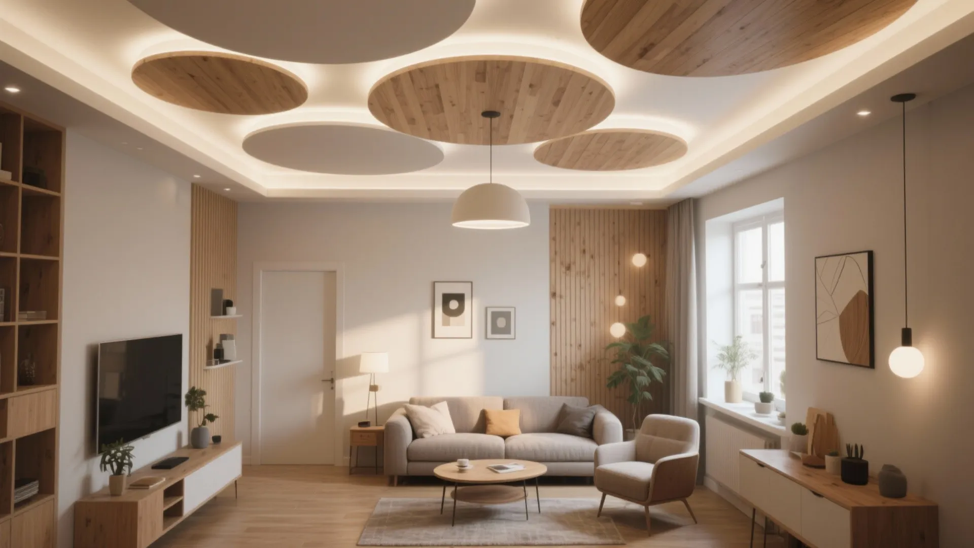 Modern living room featuring a creative ceiling design with round wood panels and hidden lights
