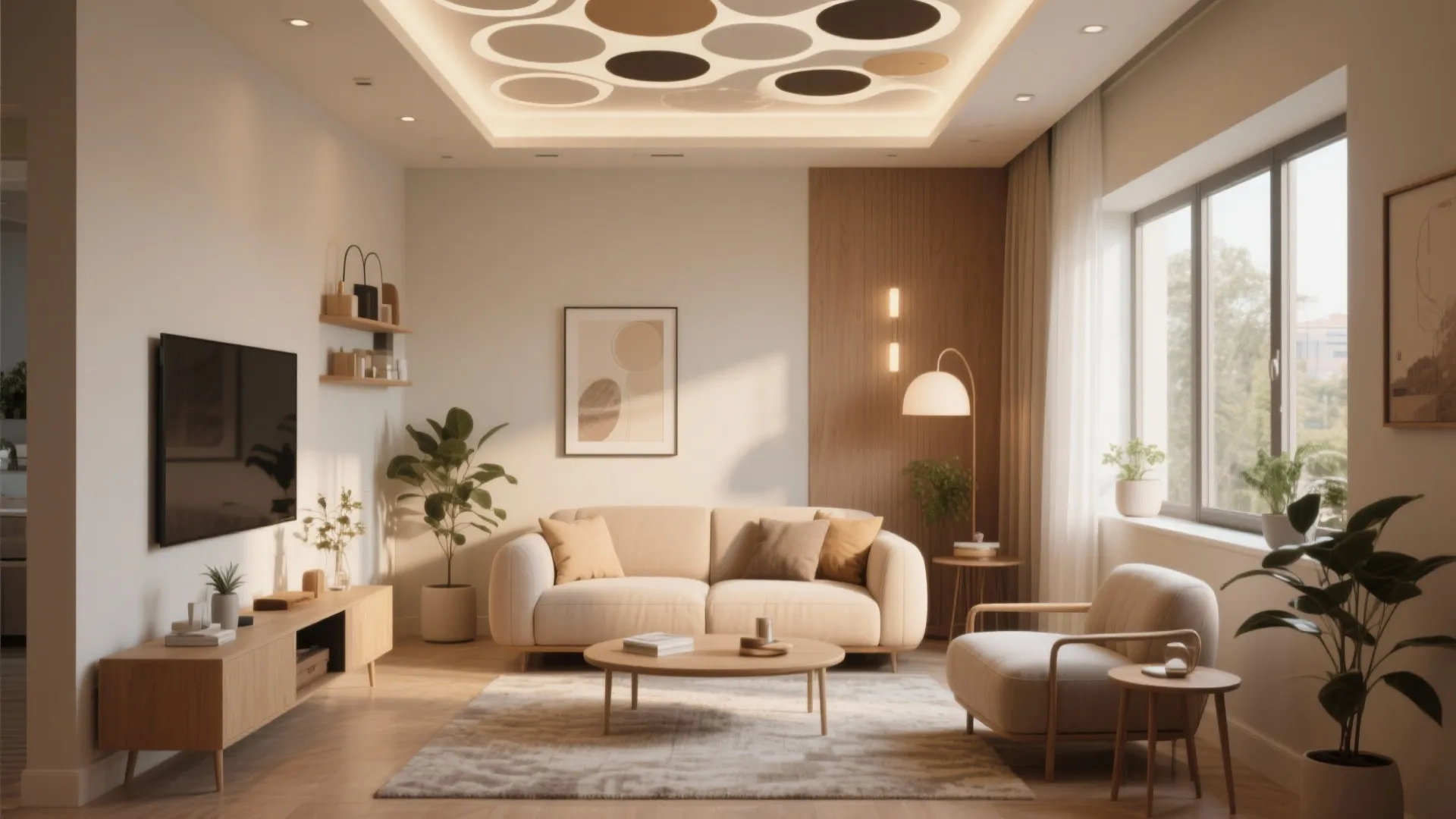 Modern living room with beige sofa, wooden cabinet, window, plants, and circular recessed ceiling lighting