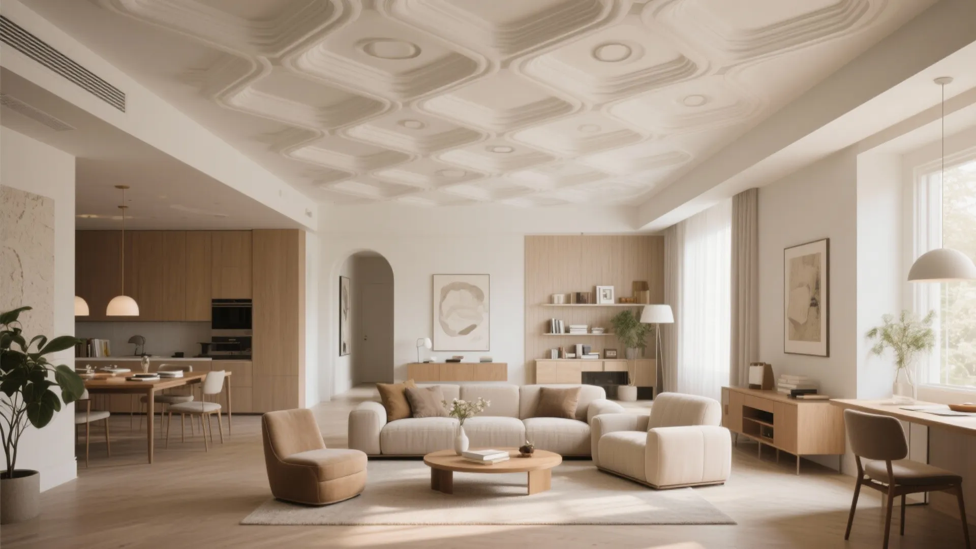 Modern open living room with cream sofa and a unique pattern design on the ceiling
