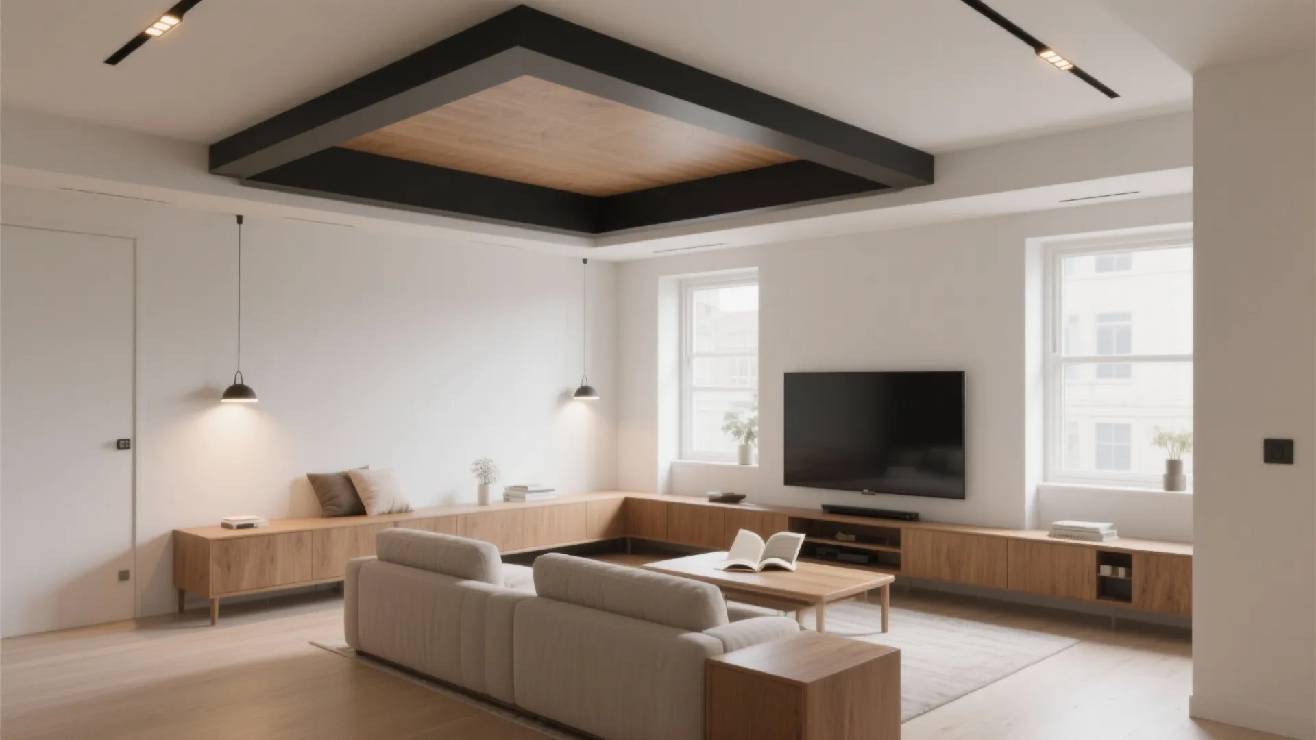 Floating ceiling island to zone a small room