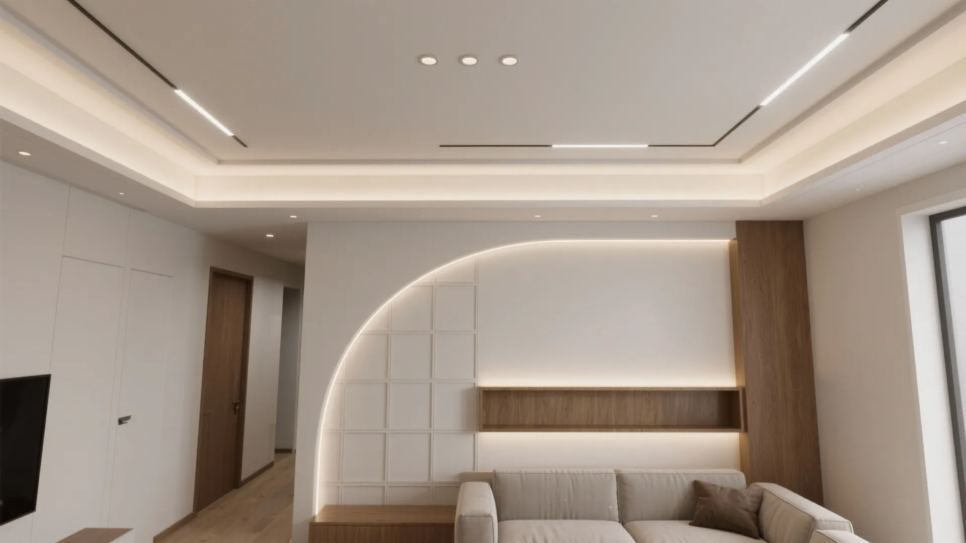 Modern living room featuring warm ceiling lights white wall panels wooden shelf and beige fabric sofa