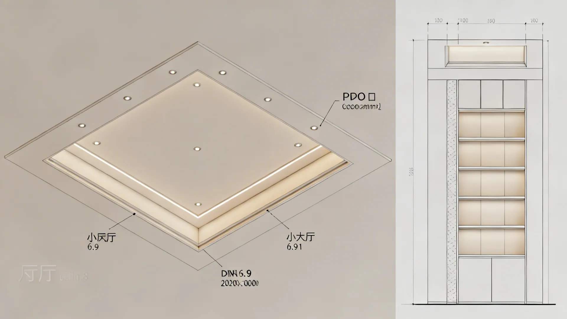Top-down 3D mockup of a small hall ceiling plan with POP lighting and panel positions.