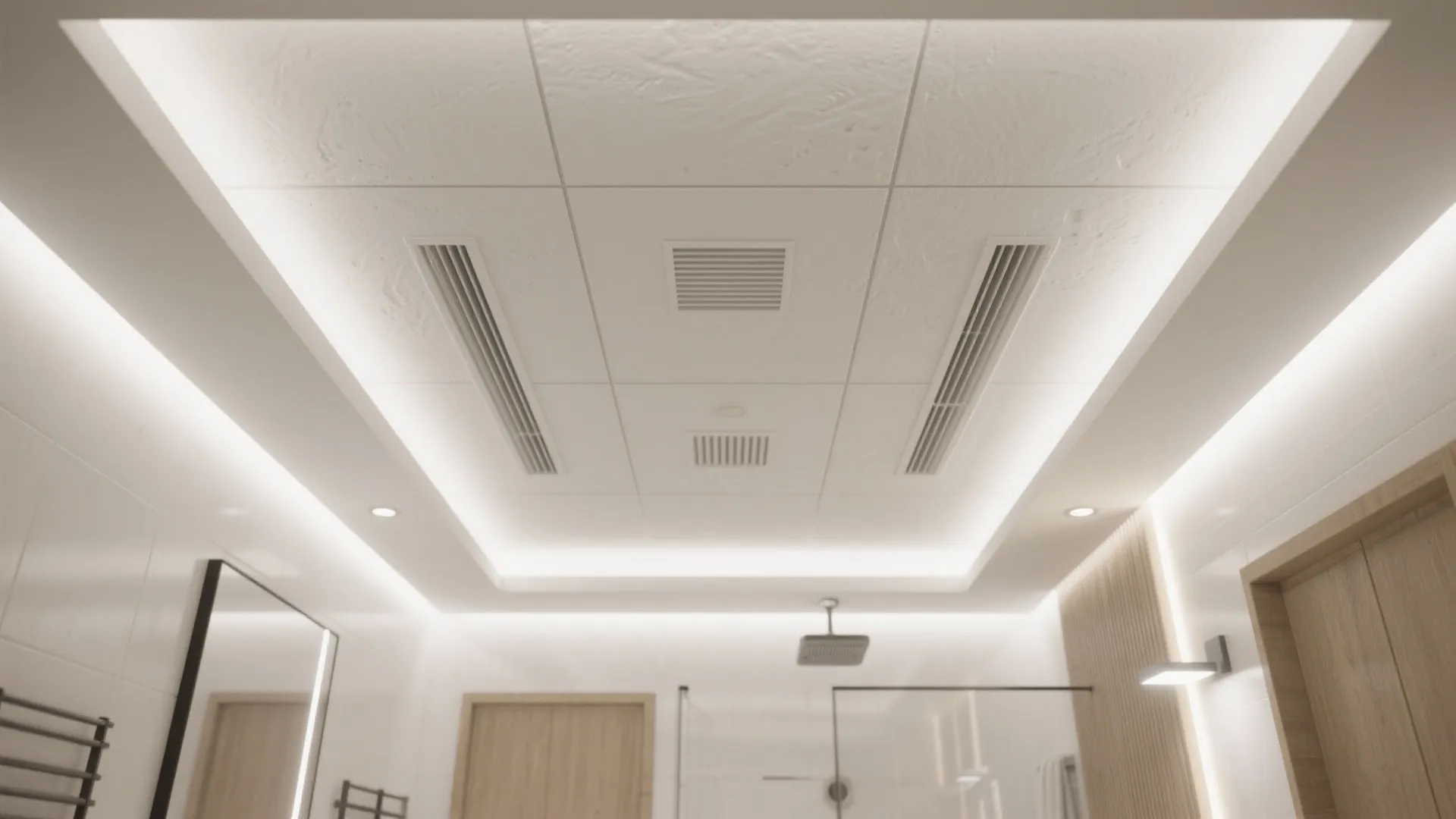 Modern bathroom ceiling with integrated vents white hidden lighting panels wood walls and glass shower door