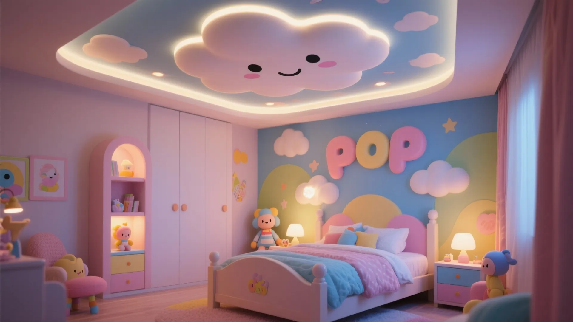 Child’s bedroom with cartoon cloud POP false ceiling and night lights