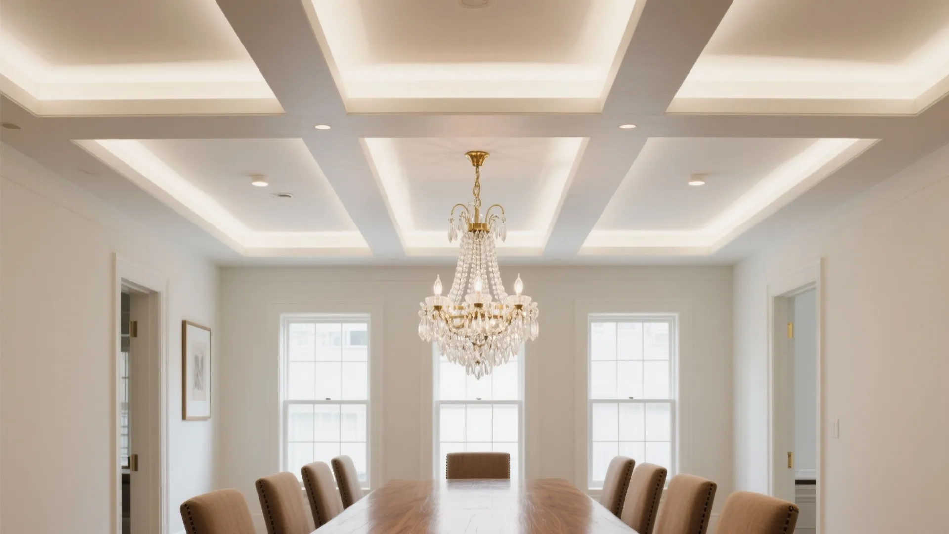 White dining room with large wooden table, brown chairs, and a bright decorative ceiling light