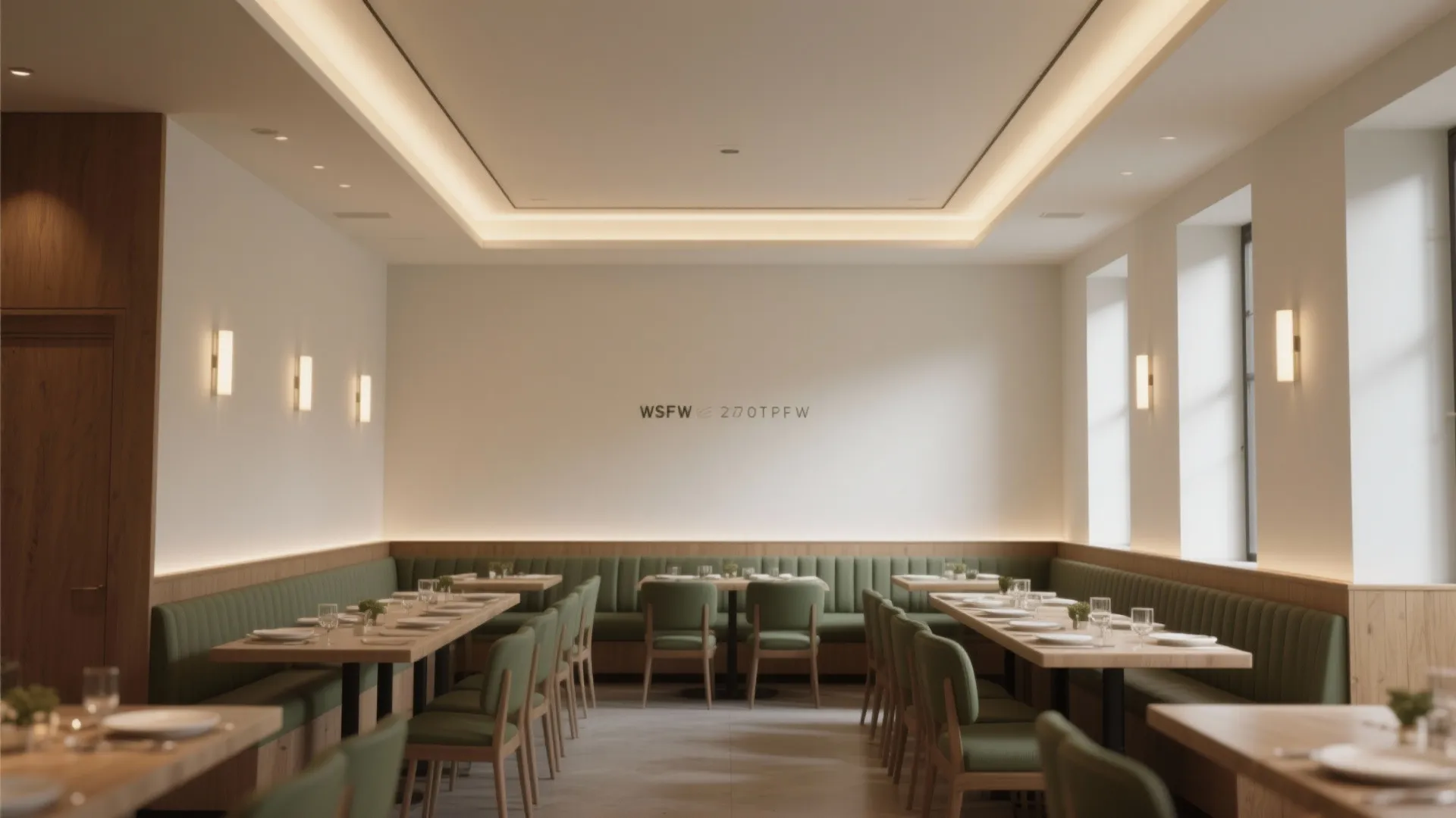 Modern restaurant dining room with green chairs wooden tables white walls and warm hidden lighting