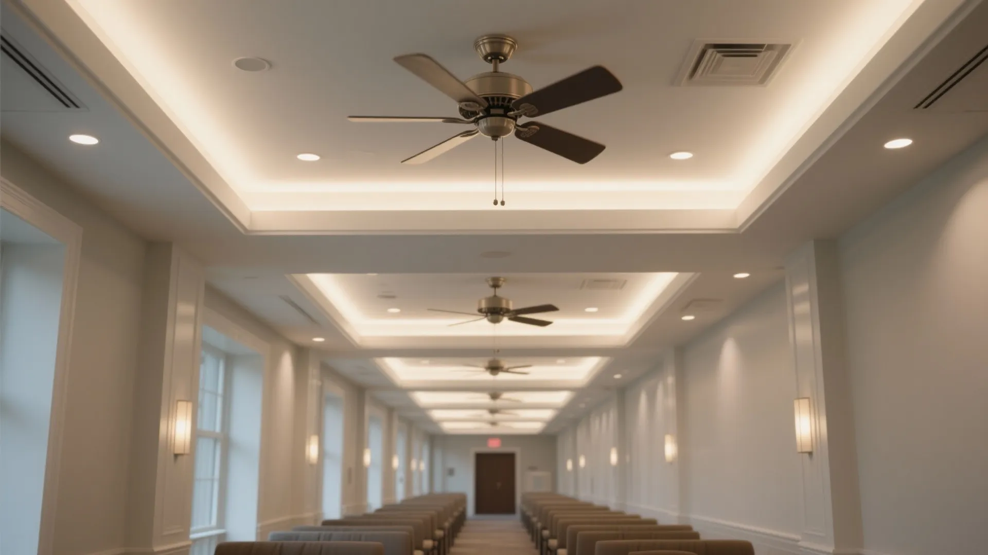 Long meeting hall with multiple ceiling fans rows of chairs wall lights and recessed lighting