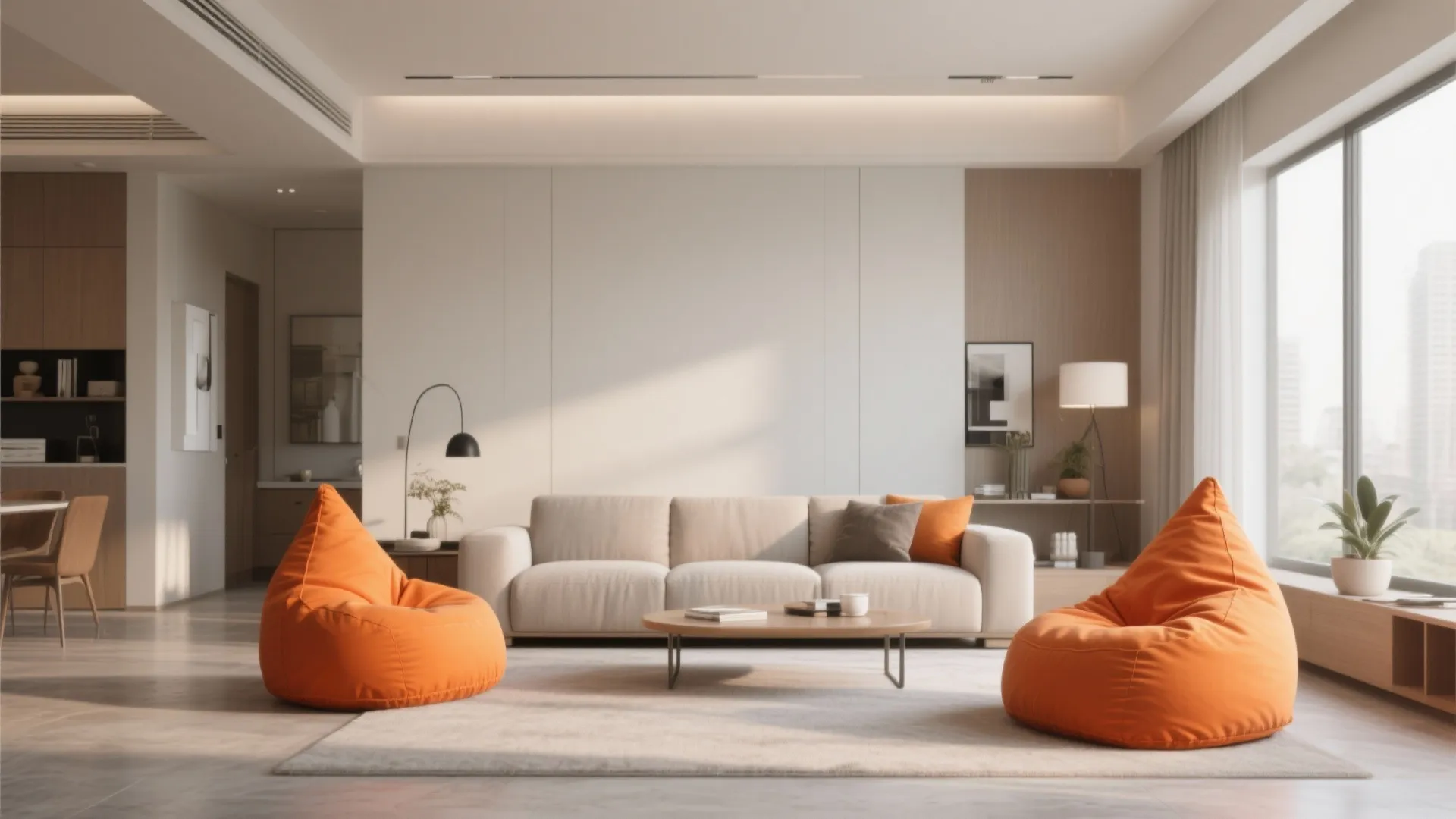 Neutral living room with two bright orange bean bags