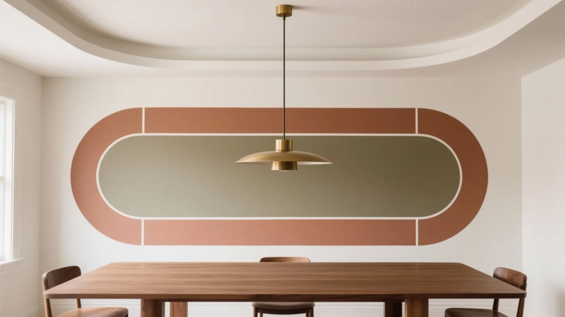 Dining room interior with colorful oval wall paint design wooden table and gold ceiling light