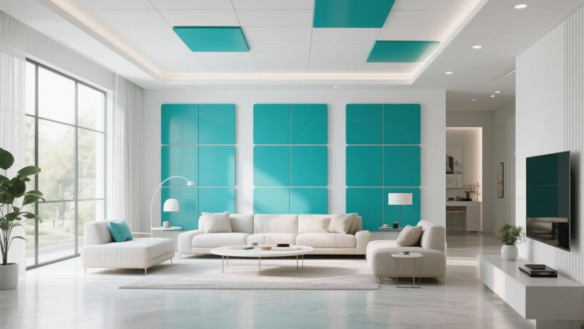 Bright white living room with teal wall panels and matching colorful ceiling tiles and sofa