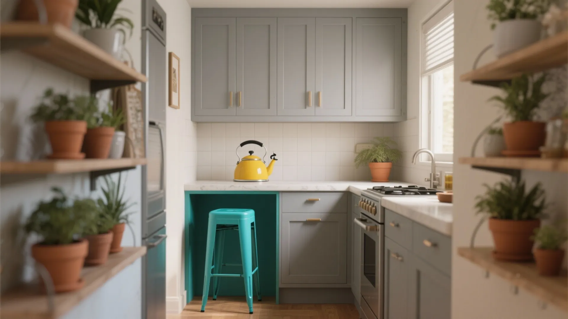Light grey kitchen energized by teal bar stools, mustard kettle and terracotta planters.