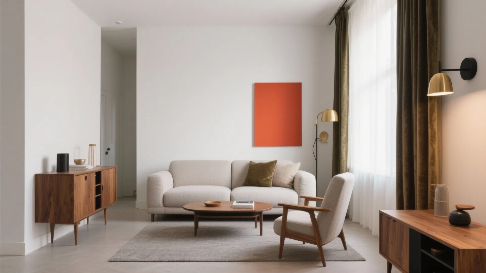 Modern living room with white sofa grey armchair wood cabinet orange art and gold lights