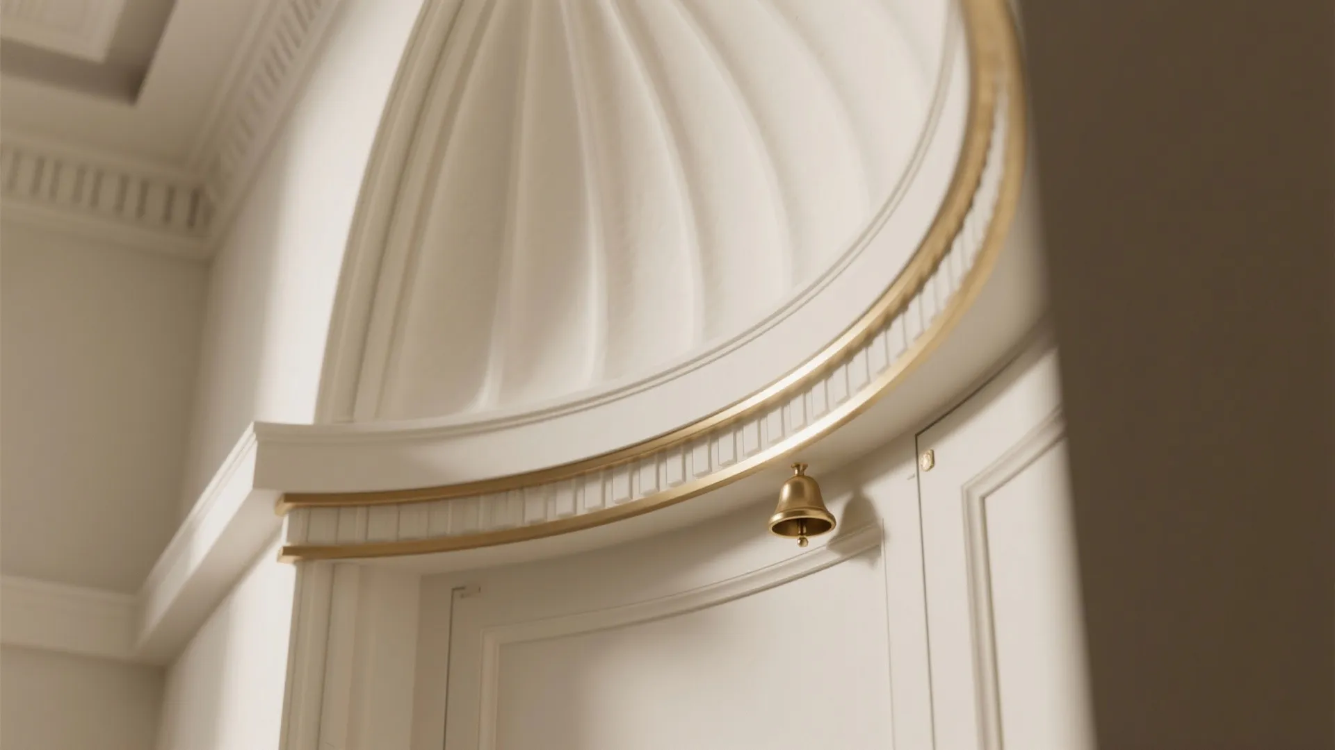 White interior arch detail with gold trim and a small gold bell hanging from top
