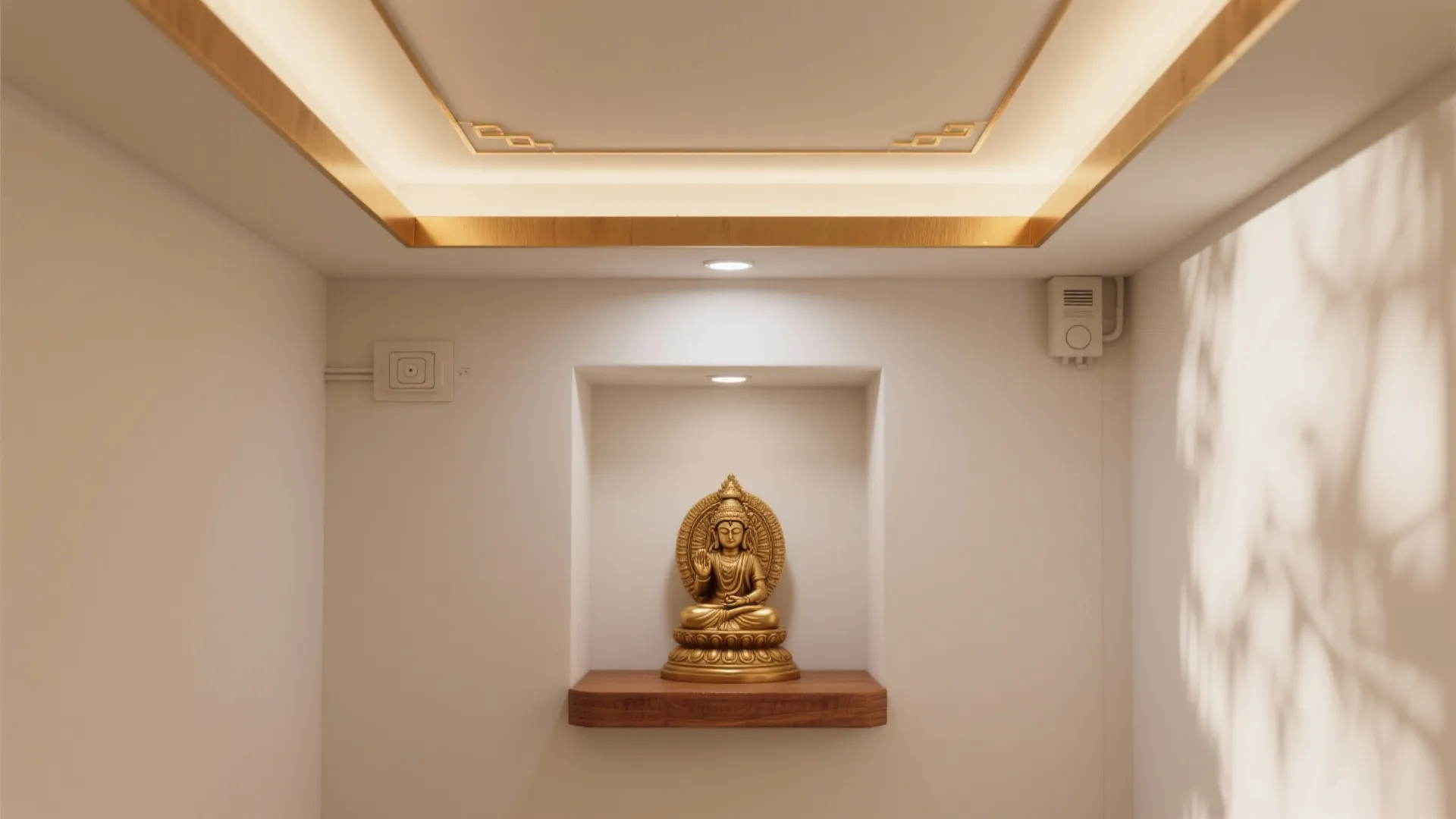 Gold statue on a wooden shelf inside a wall niche with warm hidden ceiling lights