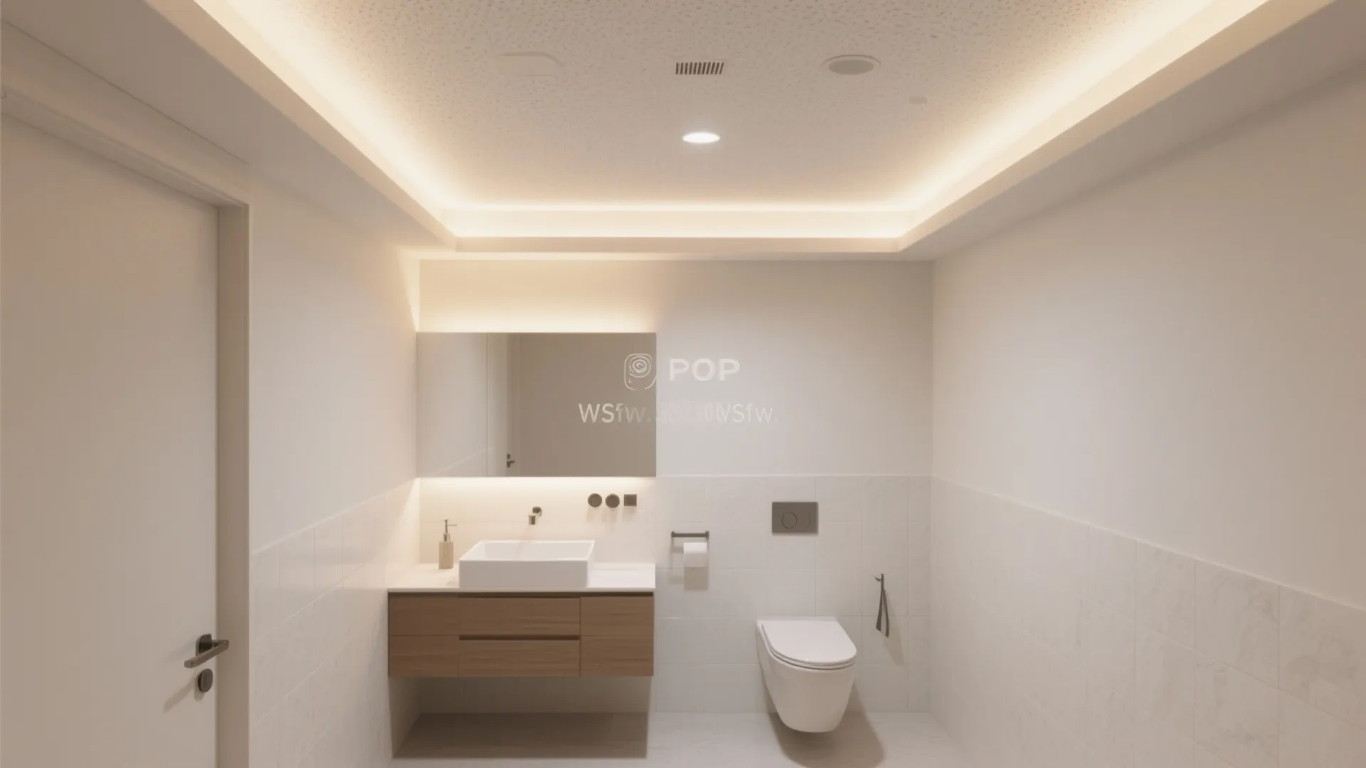 Interior design drawing of a minimalist bathroom with warm hidden ceiling light and wooden cabinet