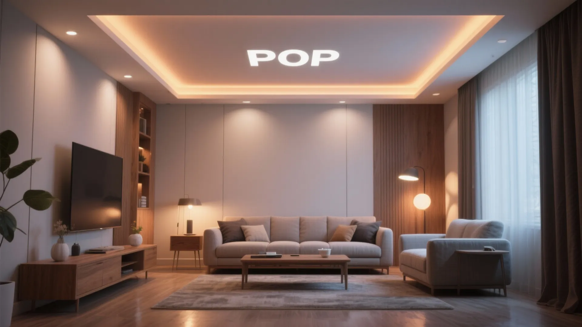 Minimalist living room featuring recessed ceiling lights warm glow sofa television and wooden floor layout