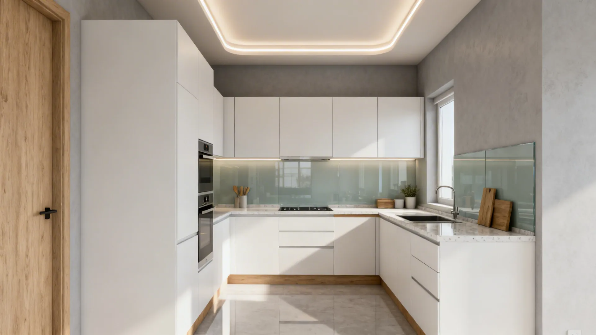 Small L-shaped kitchen with POP cove ceiling and warm indirect LED lighting.