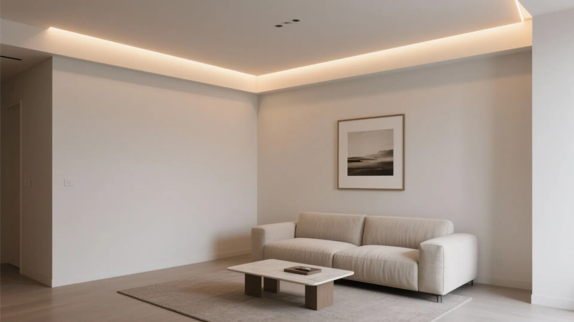 Minimalist living room with beige sofa marble coffee table wall art and warm ceiling light